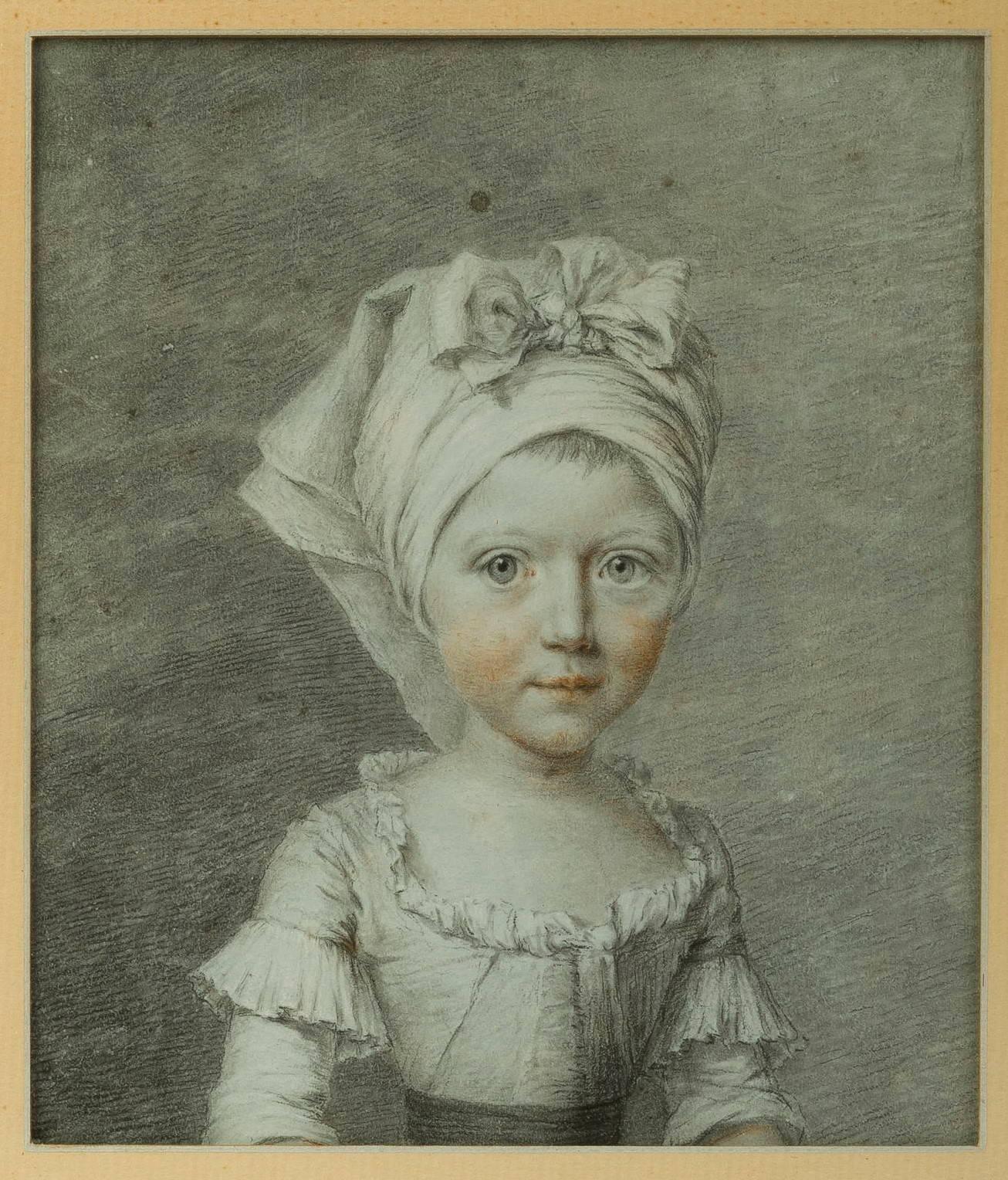 Portrait of a young girl with a bonnet, said to be Aglae Marie Marthe Elisabeth de Mounier de Lafosse, born in 1785 and four years old on this portrait, according to a label at the back.
Red and black chalk on paper.