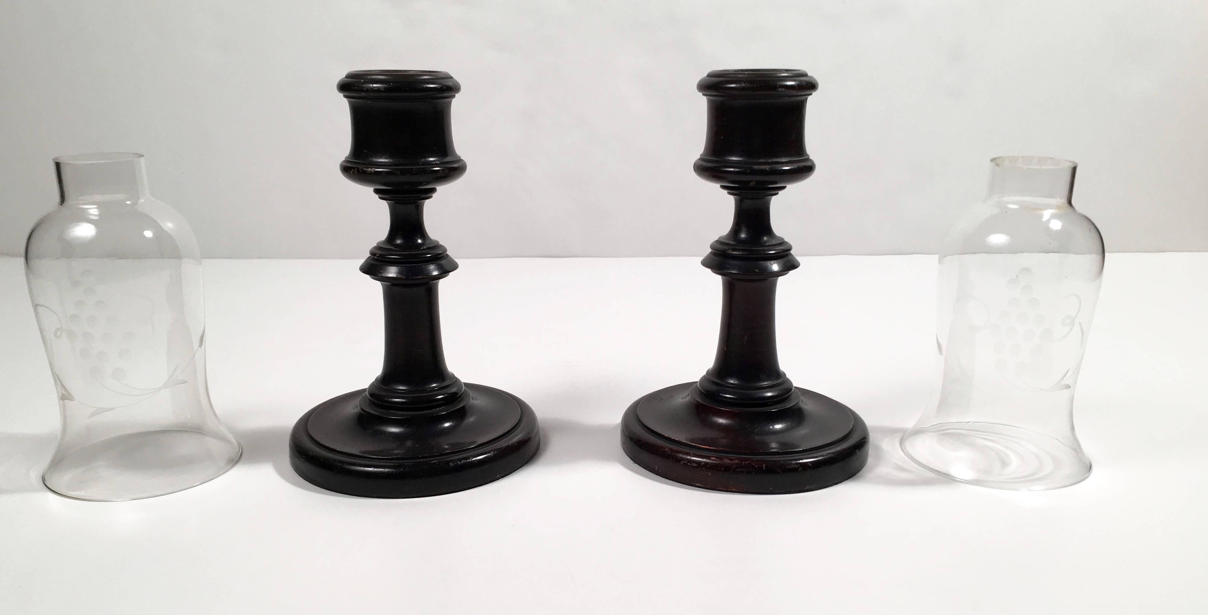 Pair of Candlesticks or Photophores with Glass Hurricane Shades In Excellent Condition In Essex, MA
