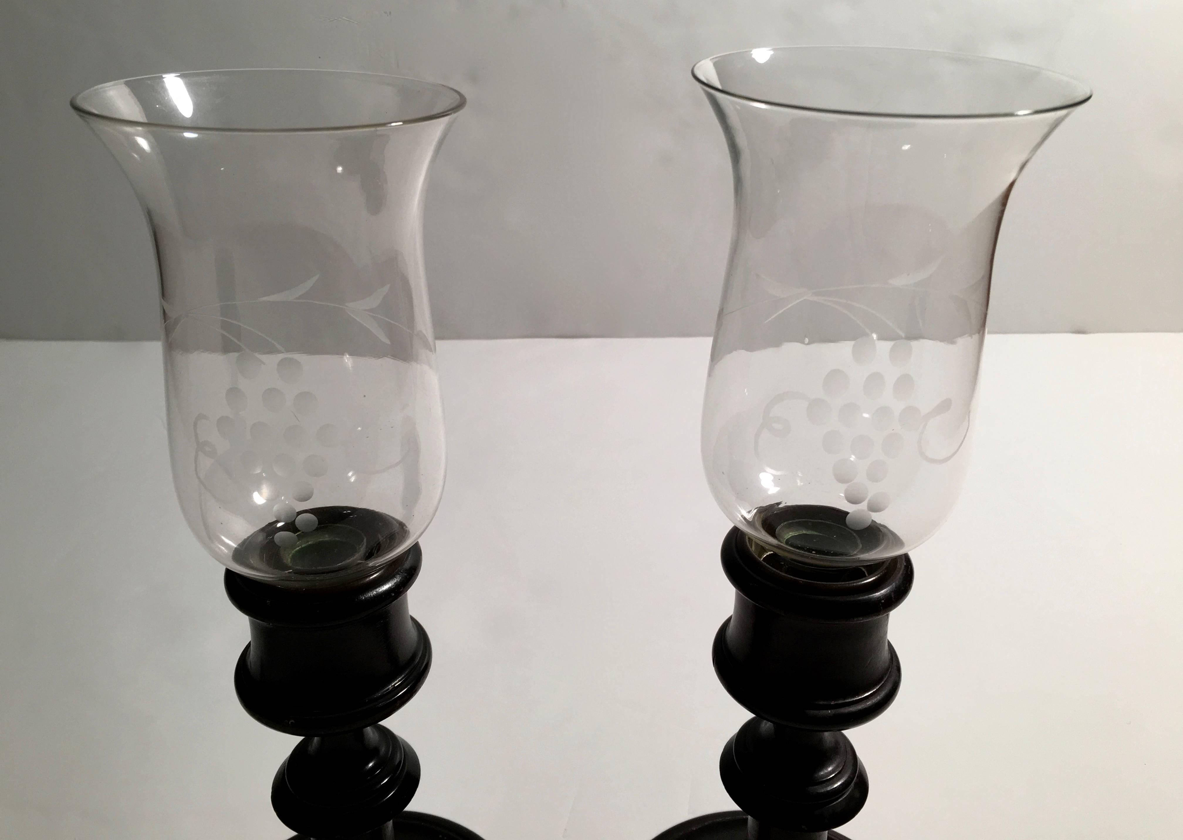American Pair of Candlesticks or Photophores with Glass Hurricane Shades
