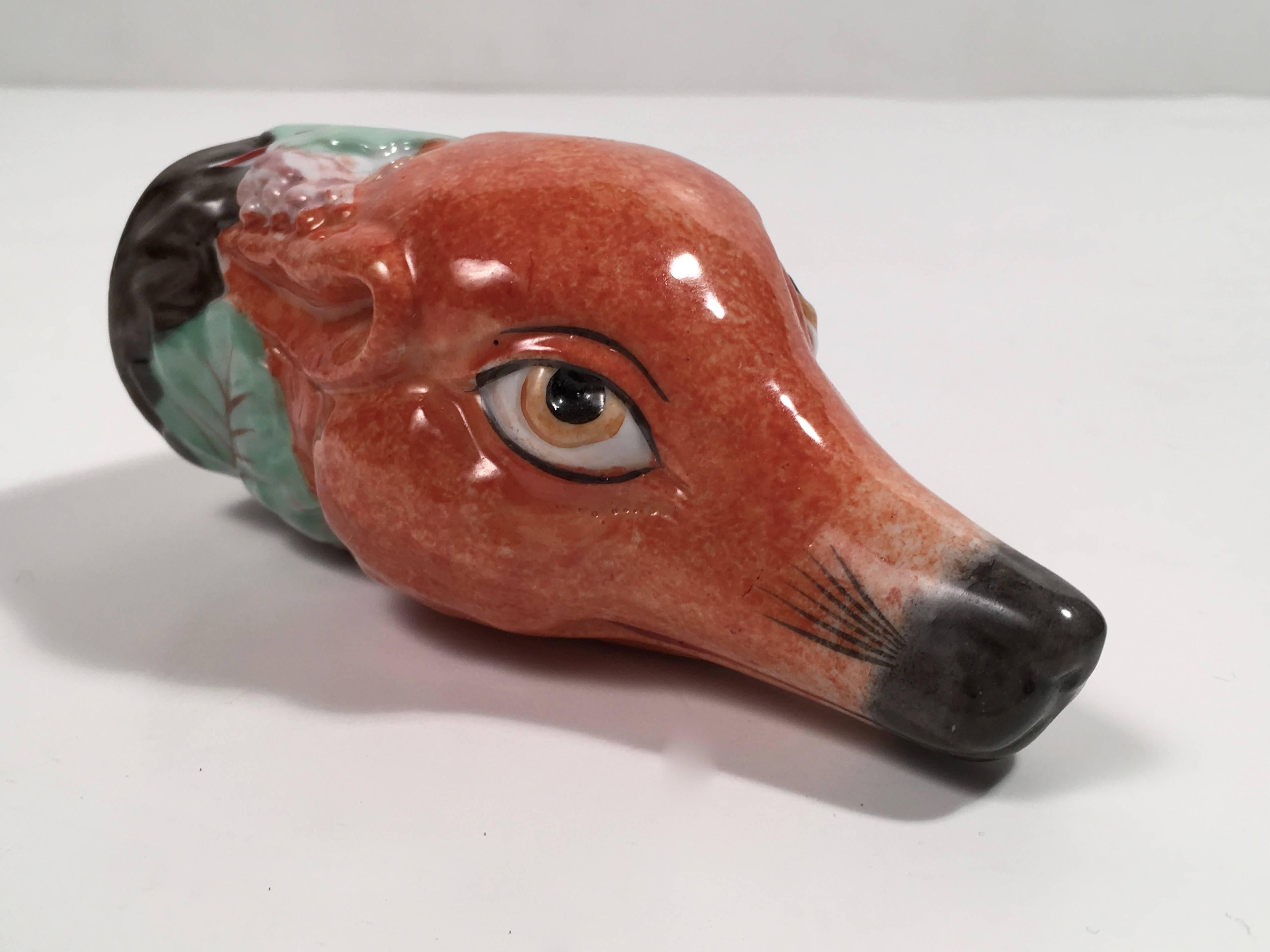 Glazed Staffordshire Fox Head Stirrup Drinking Cup for the Hunt