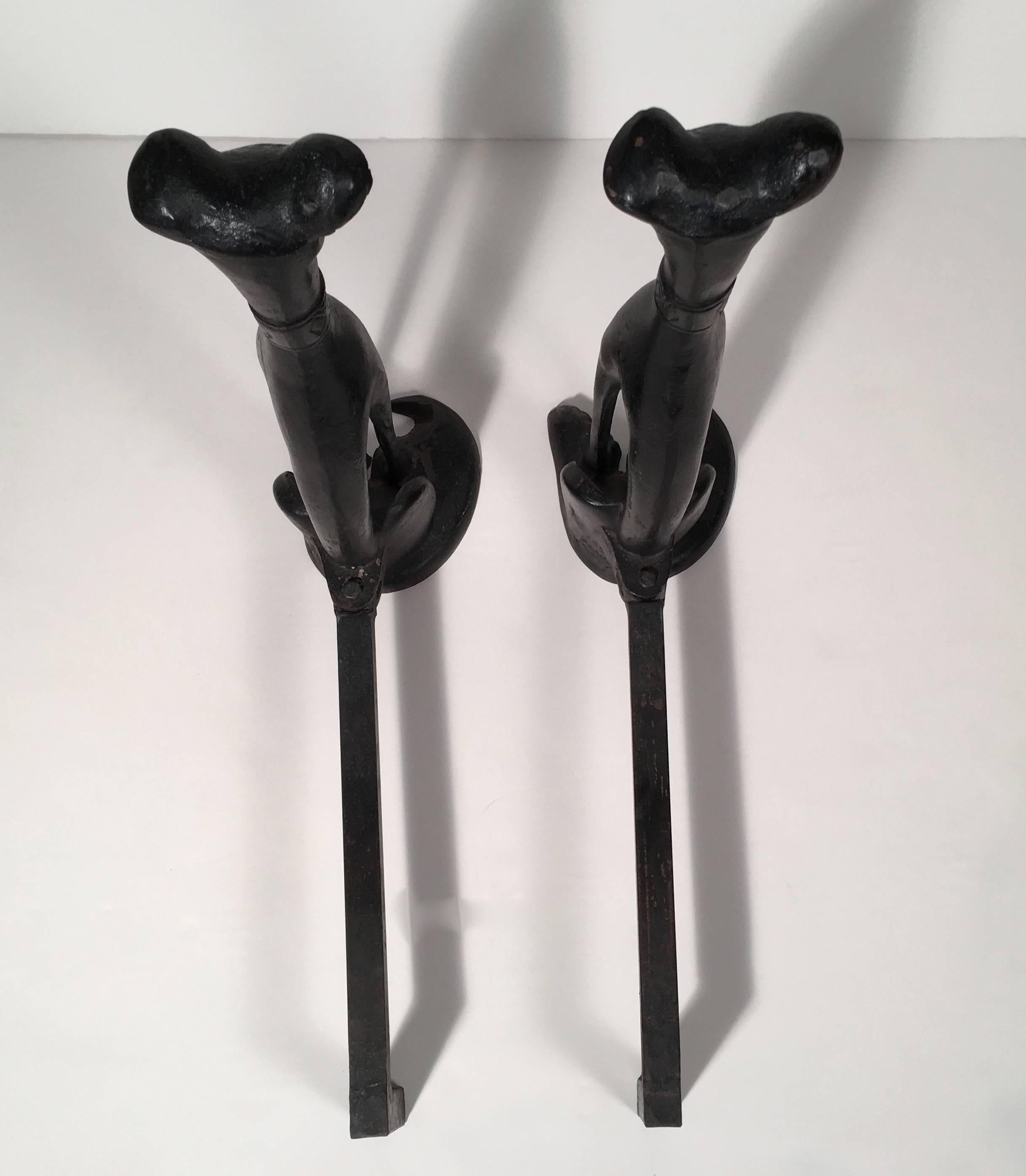 Pair of Wrought Iron Dog Andirons In Excellent Condition In Essex, MA