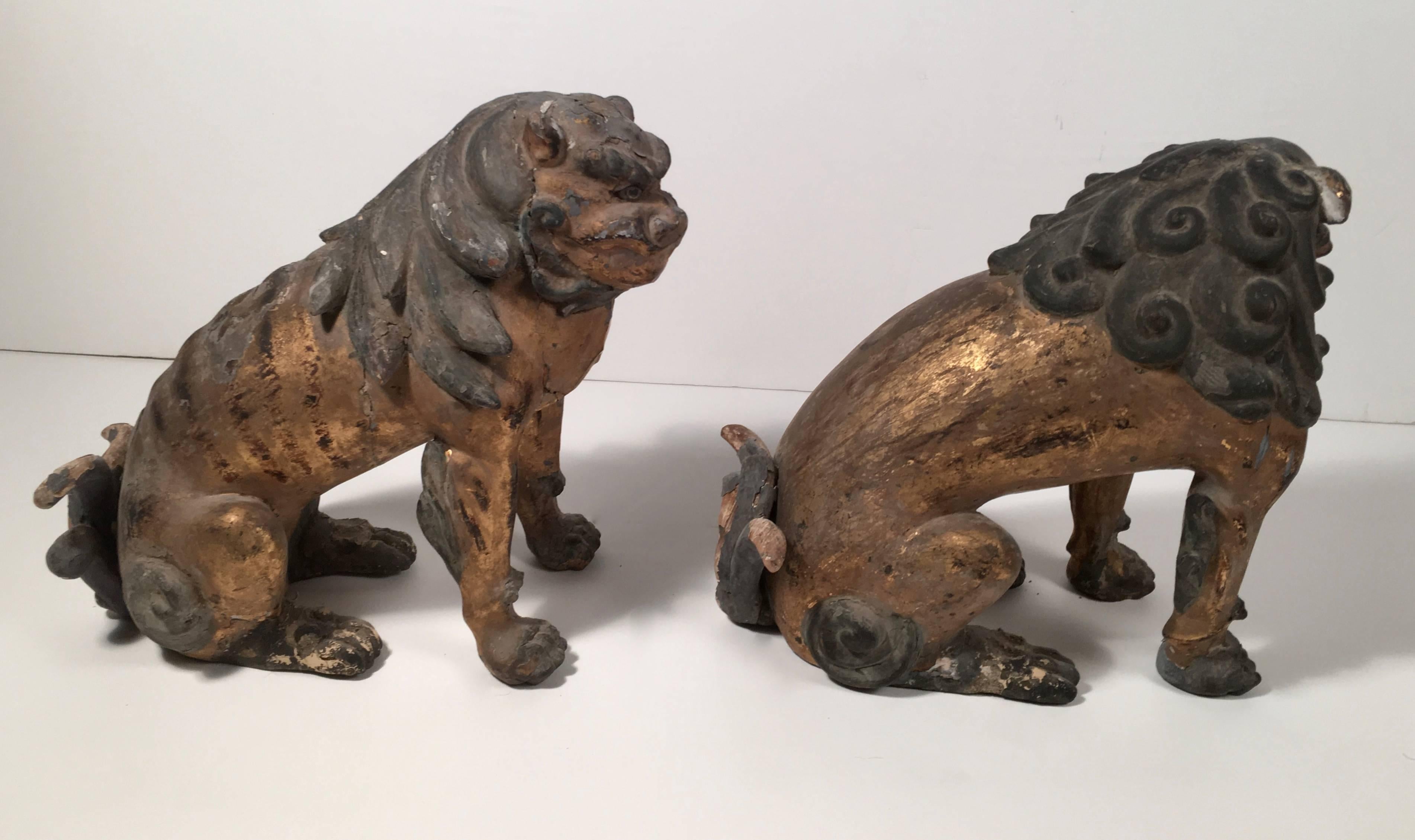 Carved Pair of Guardian Lions or Foo Dogs