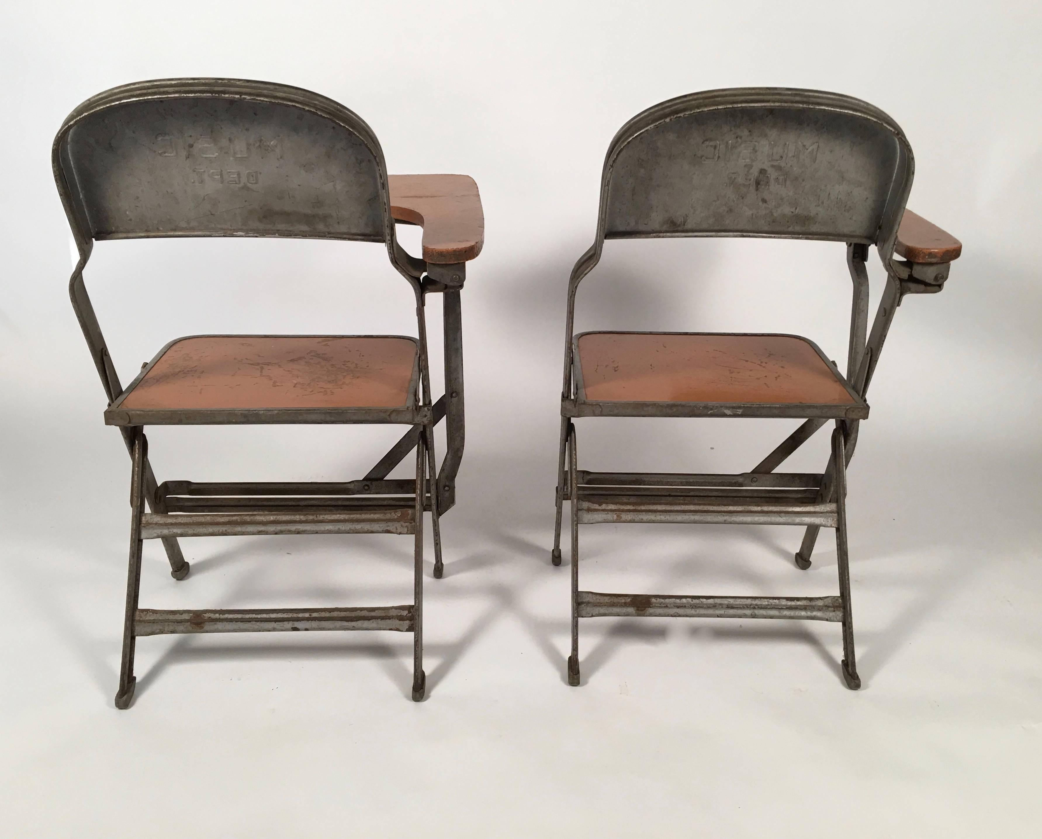 Pair of Music Department Folding Chairs with Desk Arms In Good Condition In Essex, MA