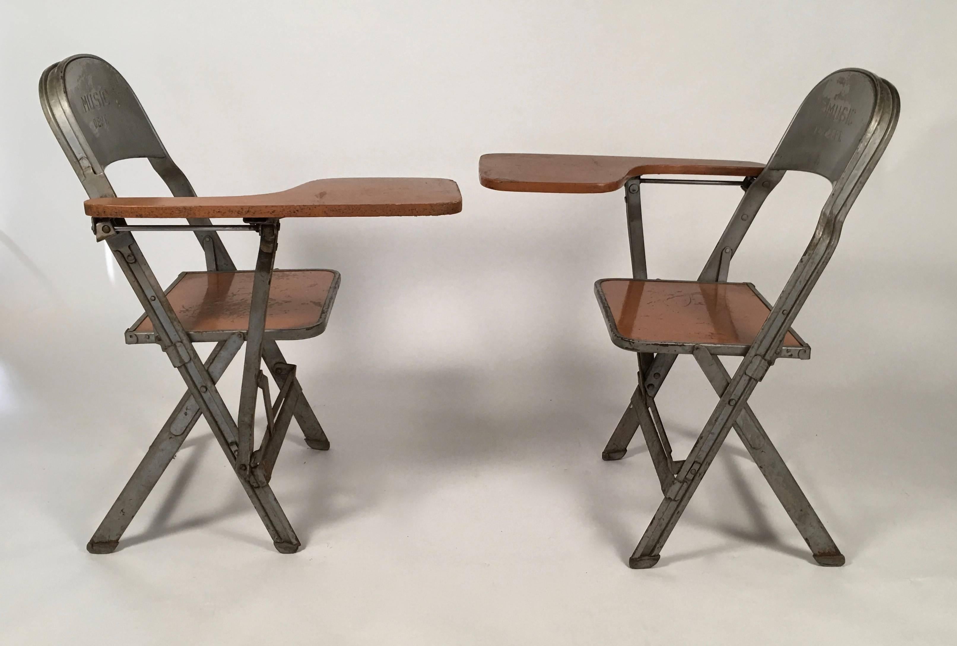 Mid-Century Modern Pair of Music Department Folding Chairs with Desk Arms