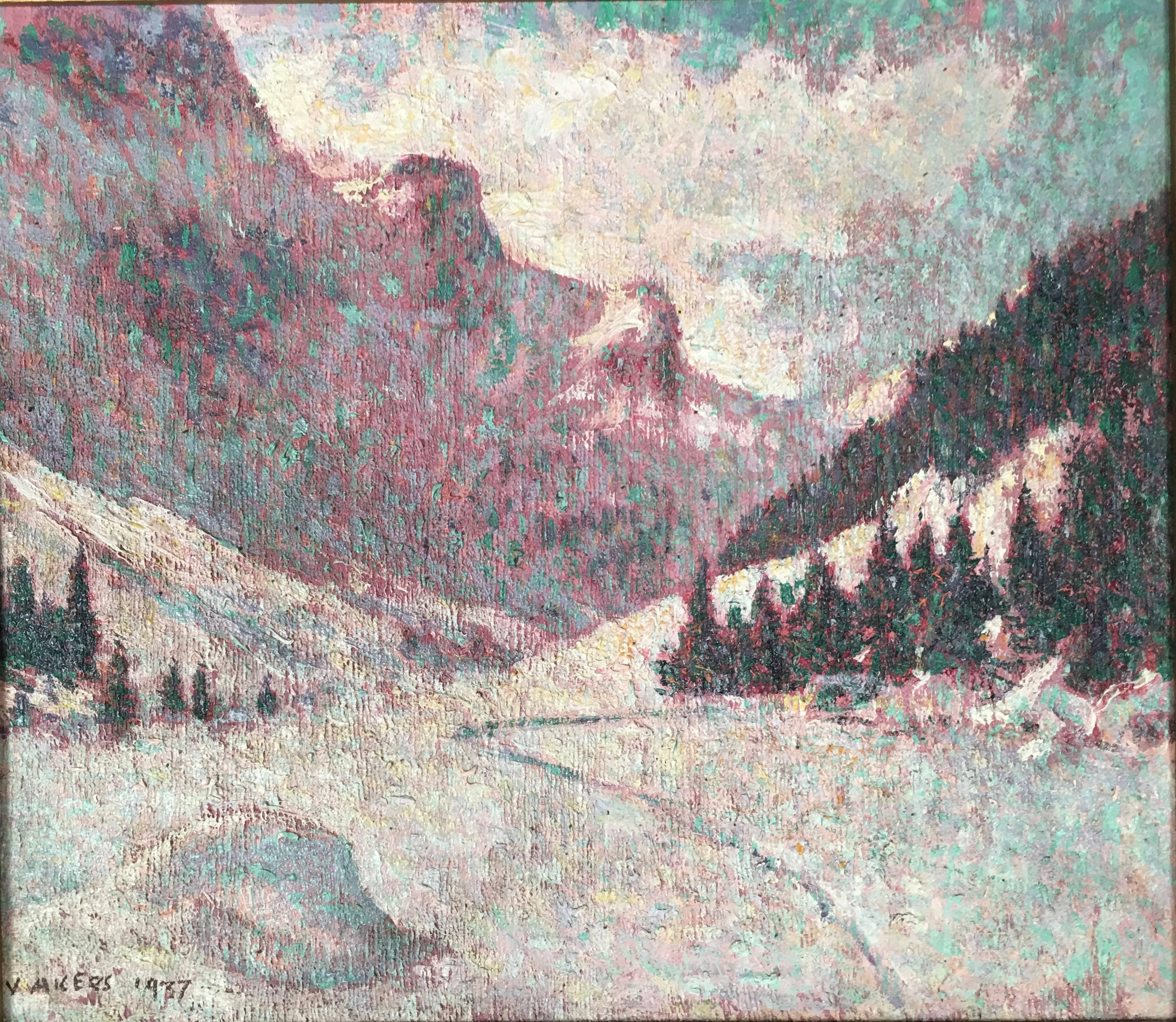 An oil on board painting snowscape by noted Maine artist, Vivian Milner Akers (American, 1886-1966) of the Simmental Valley, Switzerland, painted with thick impasto and a beautiful palette of purples, blues, grey and green.  Signed AKERS and dated