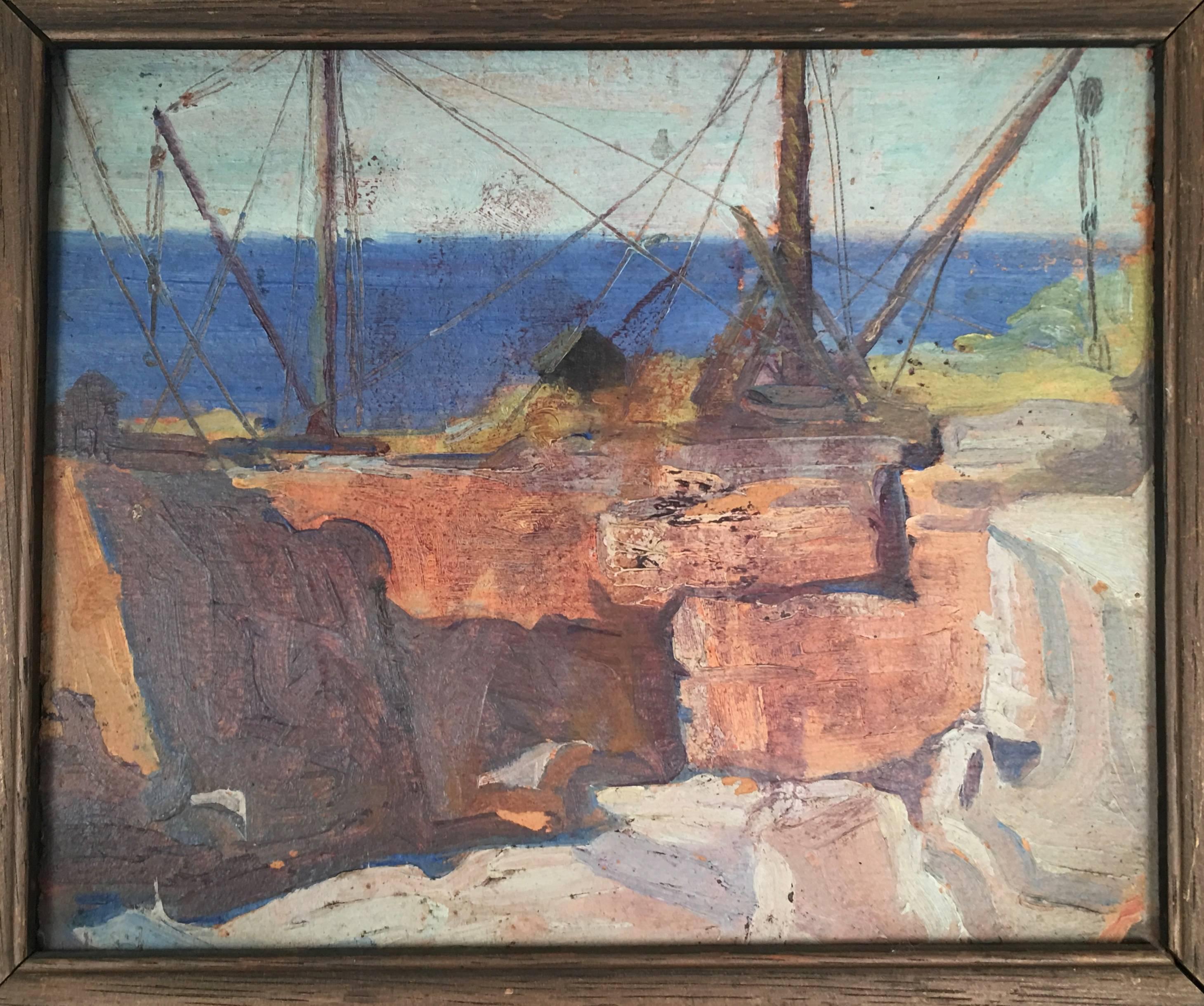 An oil on board painting of a coastal rock quarry, likely in Gloucester or Rockport, Cape Ann, Massachusetts, in original worn gilded oak frame. A well observed rendering of an unusual subject. Unsigned.