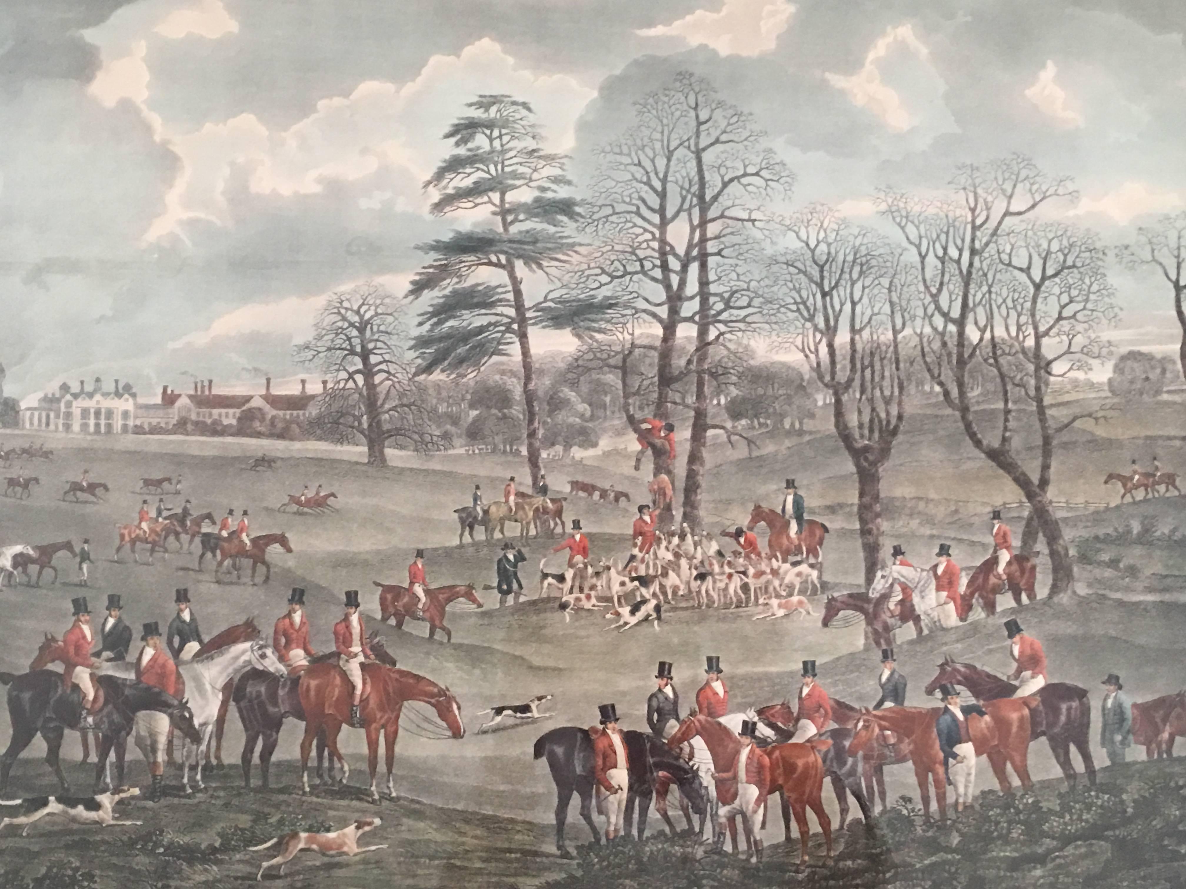 A set of four large English fox hunting prints of The Essex Hunt, published by D. Wolstenholme in London, circa 1831. The large prints depict a fox hunting scene with many people, horses and dogs in a panoramic countryside, beautifully colored and