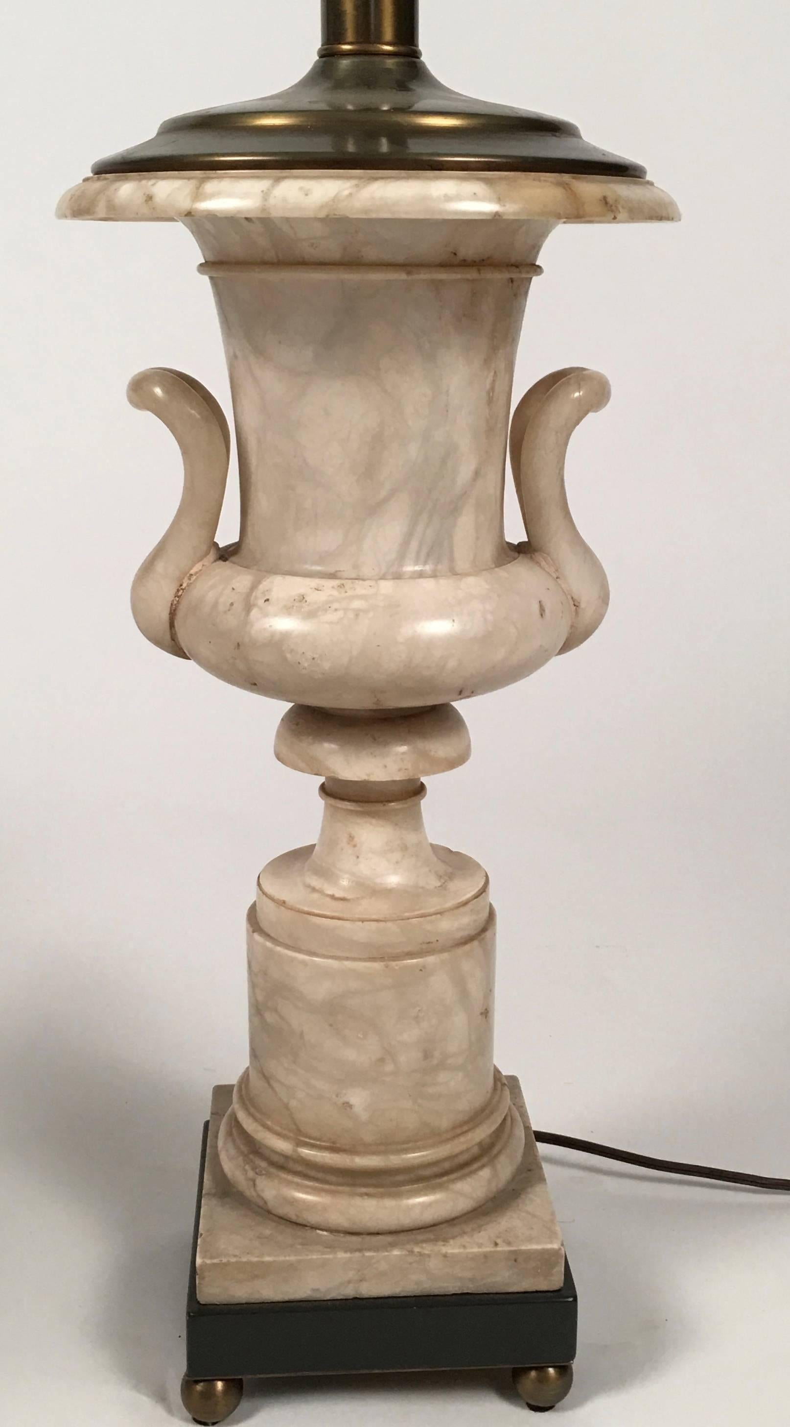 Pair of Italian Neoclassical Style Alabaster Urn Lamps In Good Condition In Essex, MA