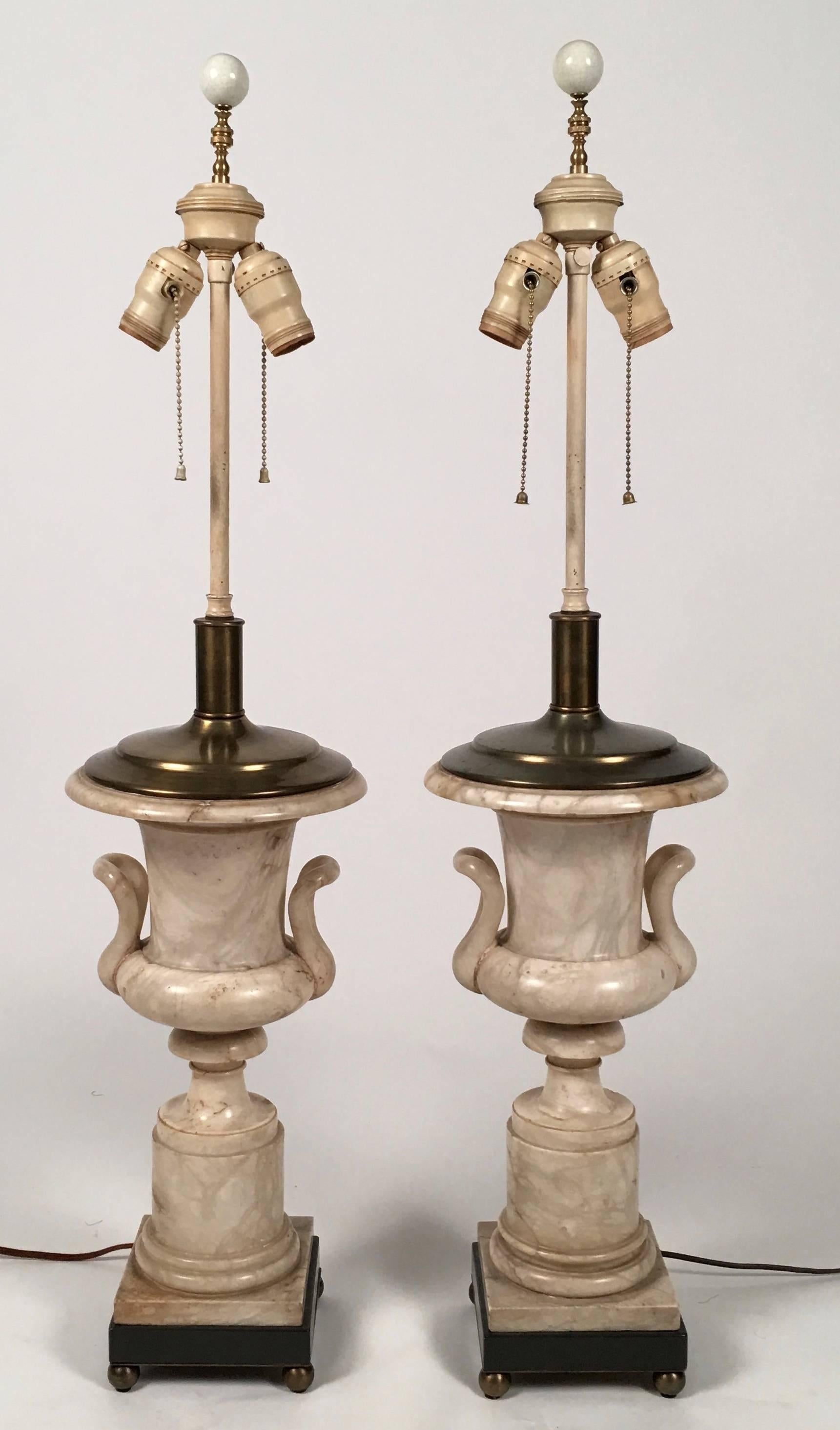 Carved Pair of Italian Neoclassical Style Alabaster Urn Lamps