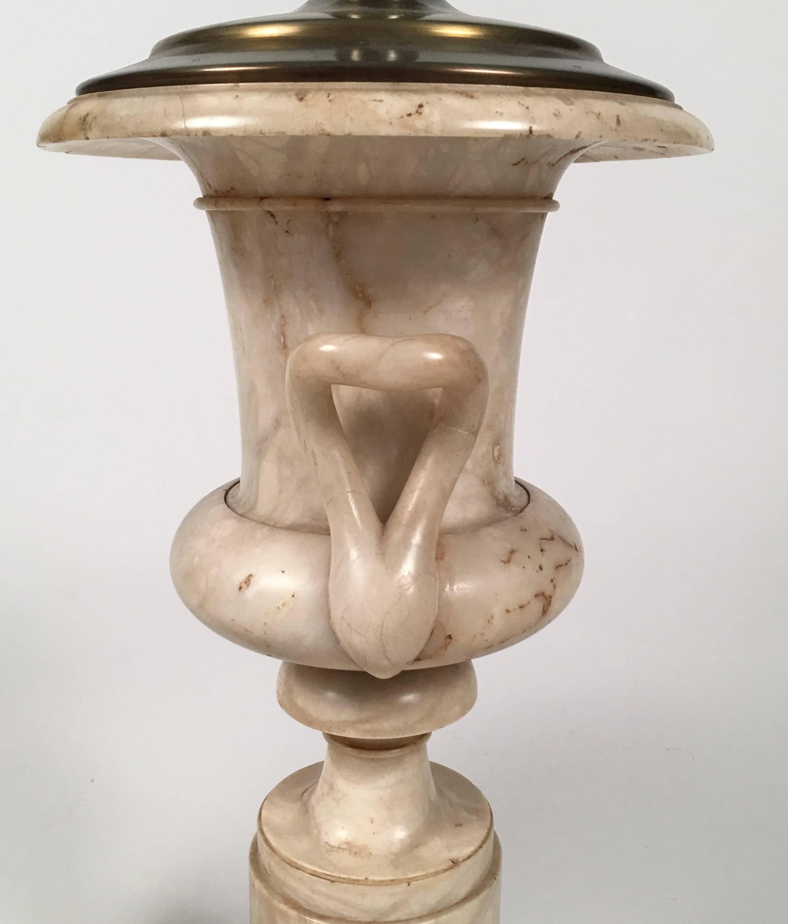 Brass Pair of Italian Neoclassical Style Alabaster Urn Lamps
