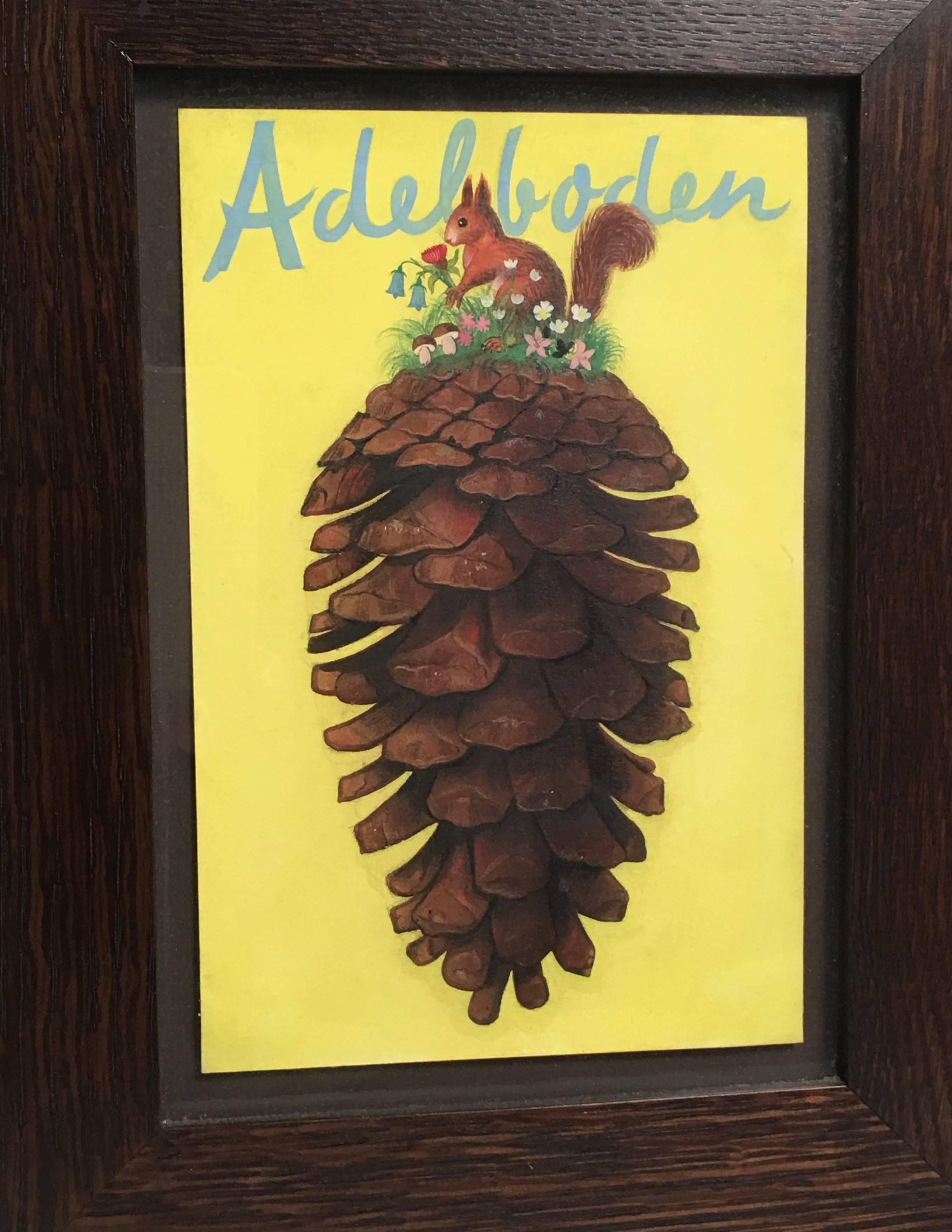 A charming and beautifully executed drawing or marquette in gouache on paper for a Swiss travel poster for Adelboden, Switzerland, renowned as a ski resort and alpine mountain holiday destination, depicting a brown squirrel in a field of wild