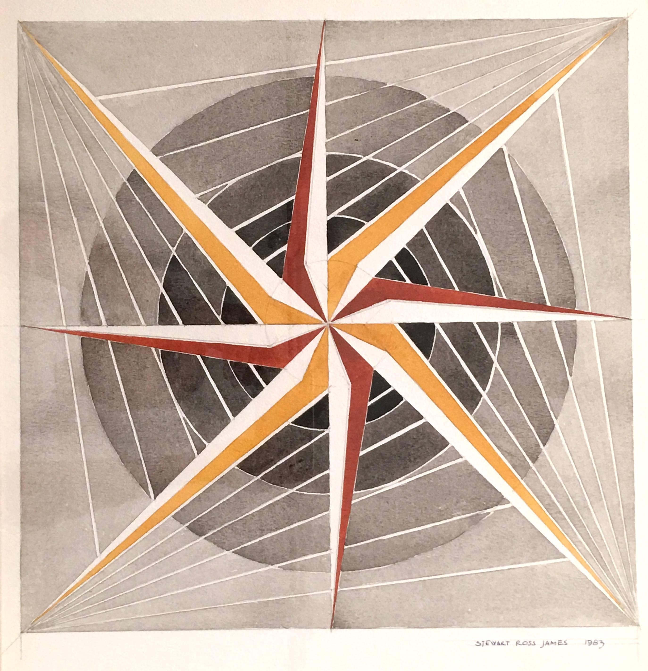 A graphic abstract geometric Stewart Ross James watercolor design in pencil and watercolor on paper, with a large eight pointed star in the center with concentric circles and diagonal lines in ochre, terra cotta, shades of grey and black , signed