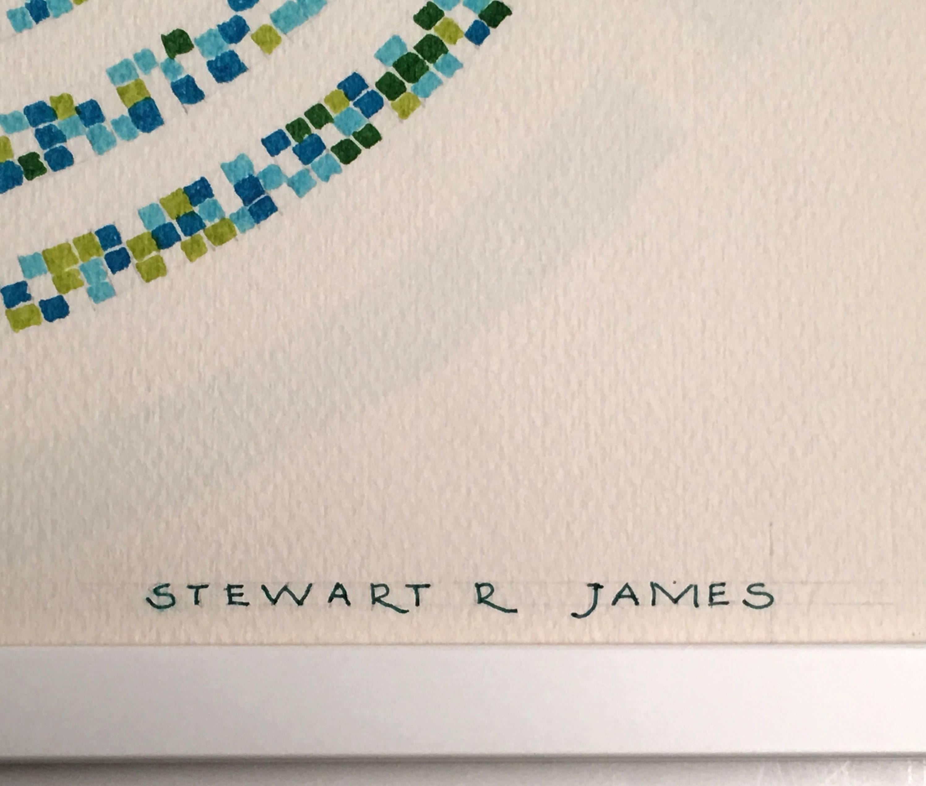 Mid-Century Modern Stewart Ross James Blue and Green Circle Geometric Watercolor