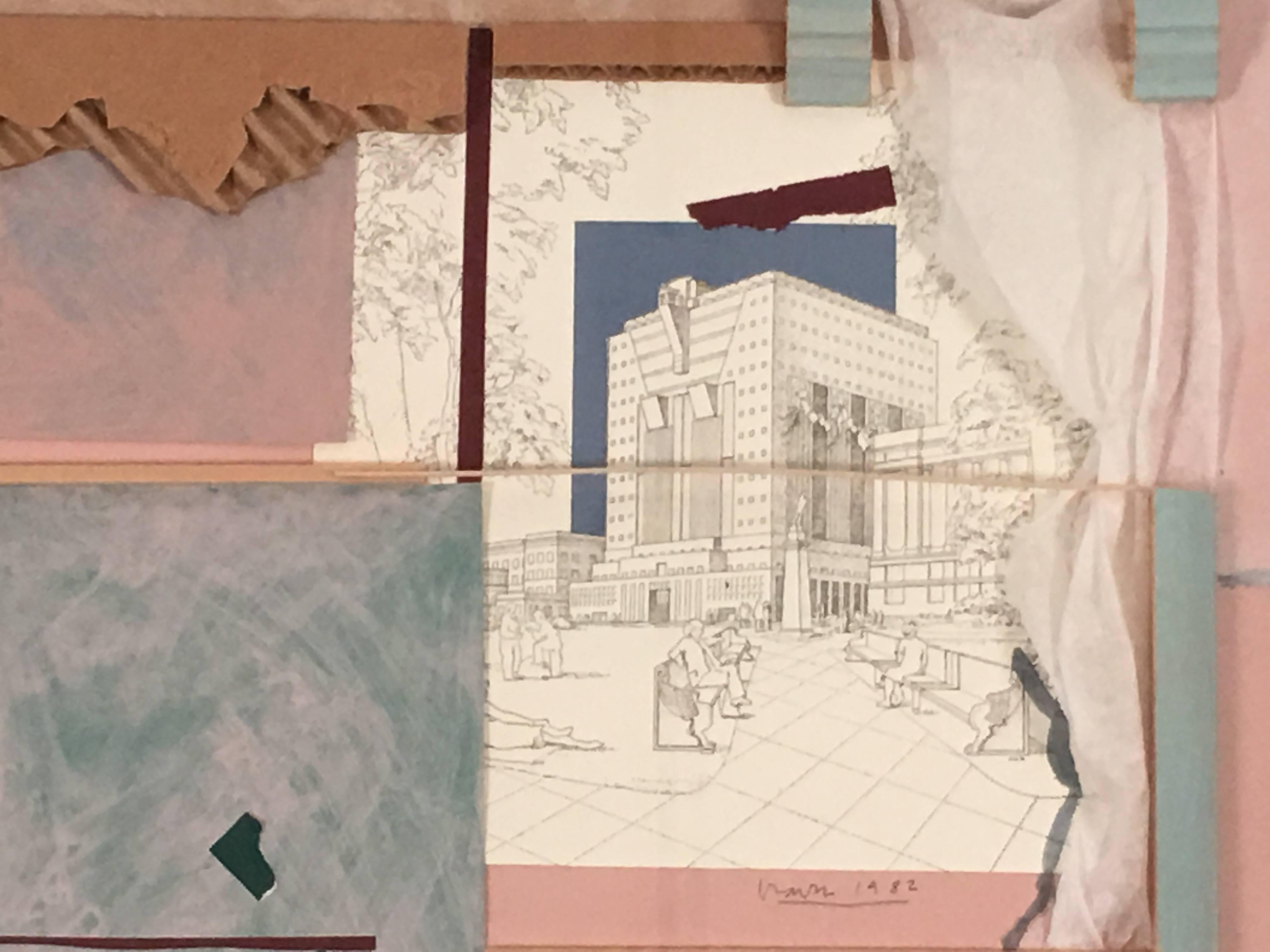An iconic collage made by the architect Michael Graves in honor of the October 2, 1982 dedication of The Portland Building in Portland, Oregon (a landmark building considered the first major built work of Postmodernist architecture, which he
