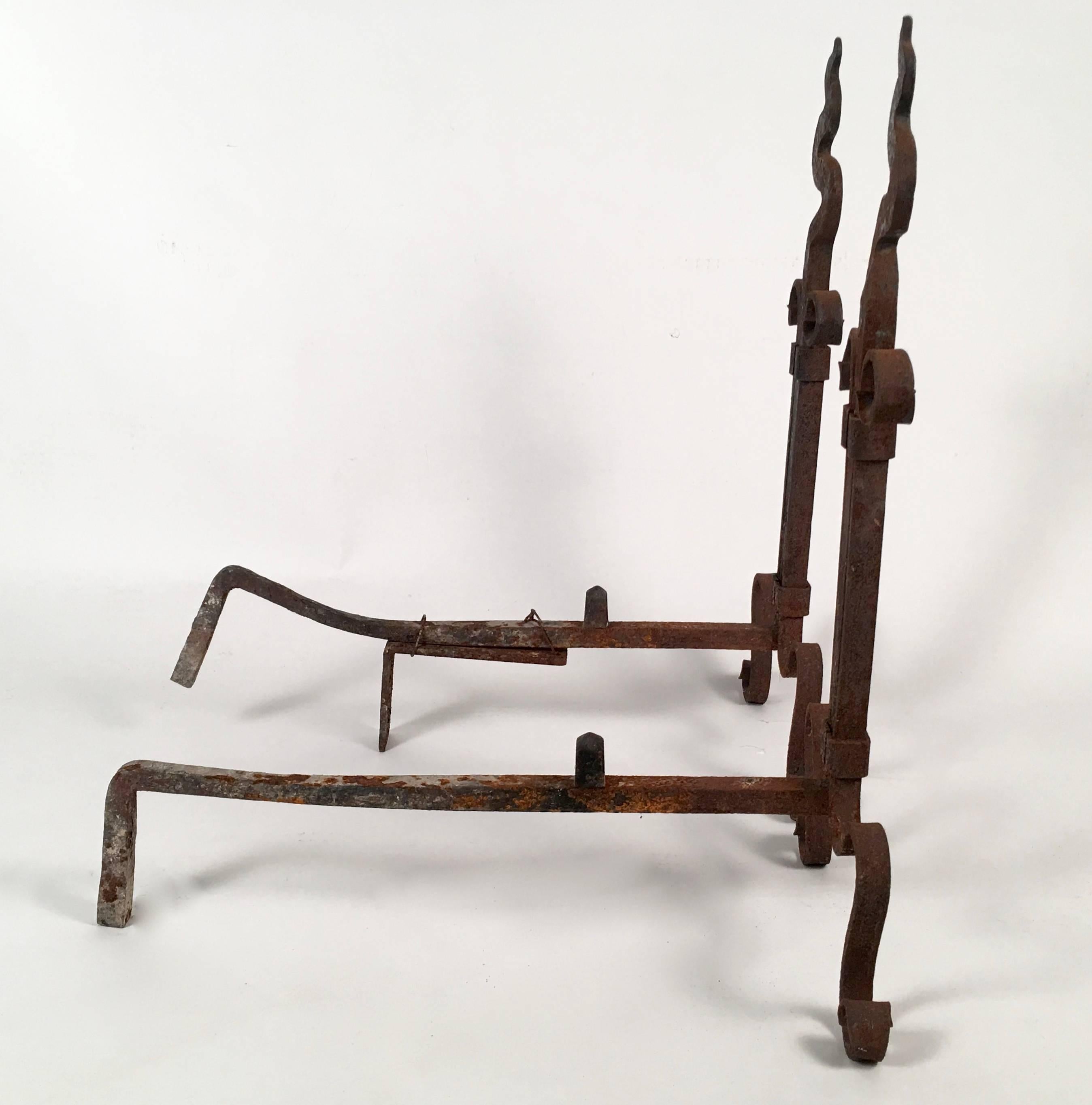 Pair of Arts and Crafts Period Wrought Iron Andirons In Fair Condition In Essex, MA