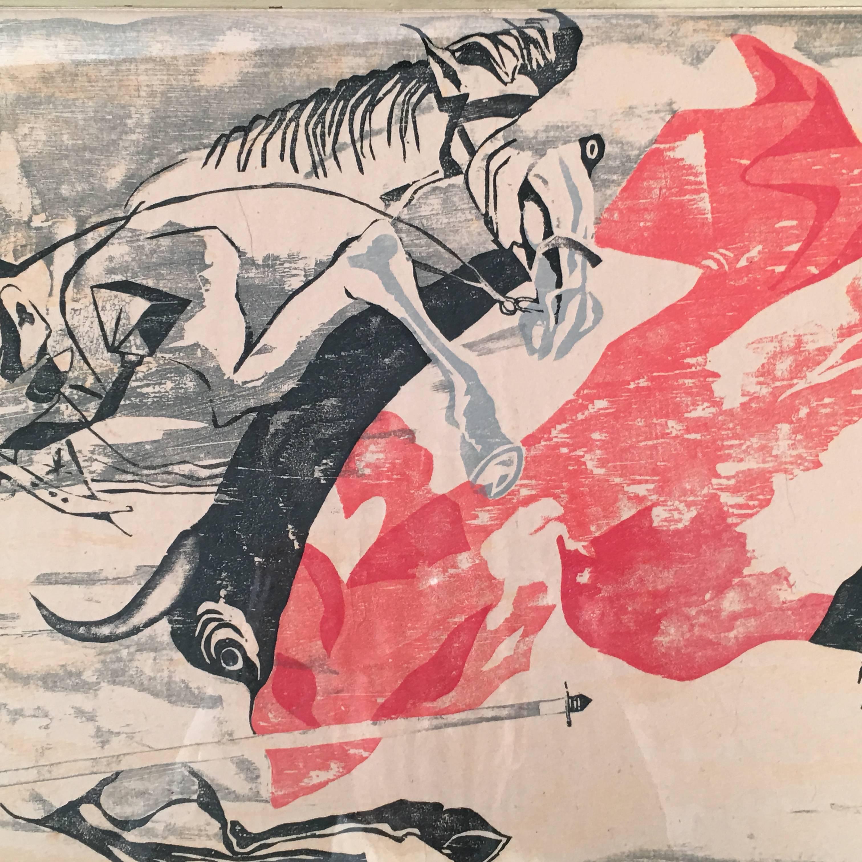 Mid-Century Modern Modernist Bullfighter Woodcut Print by Frederick O'Hara