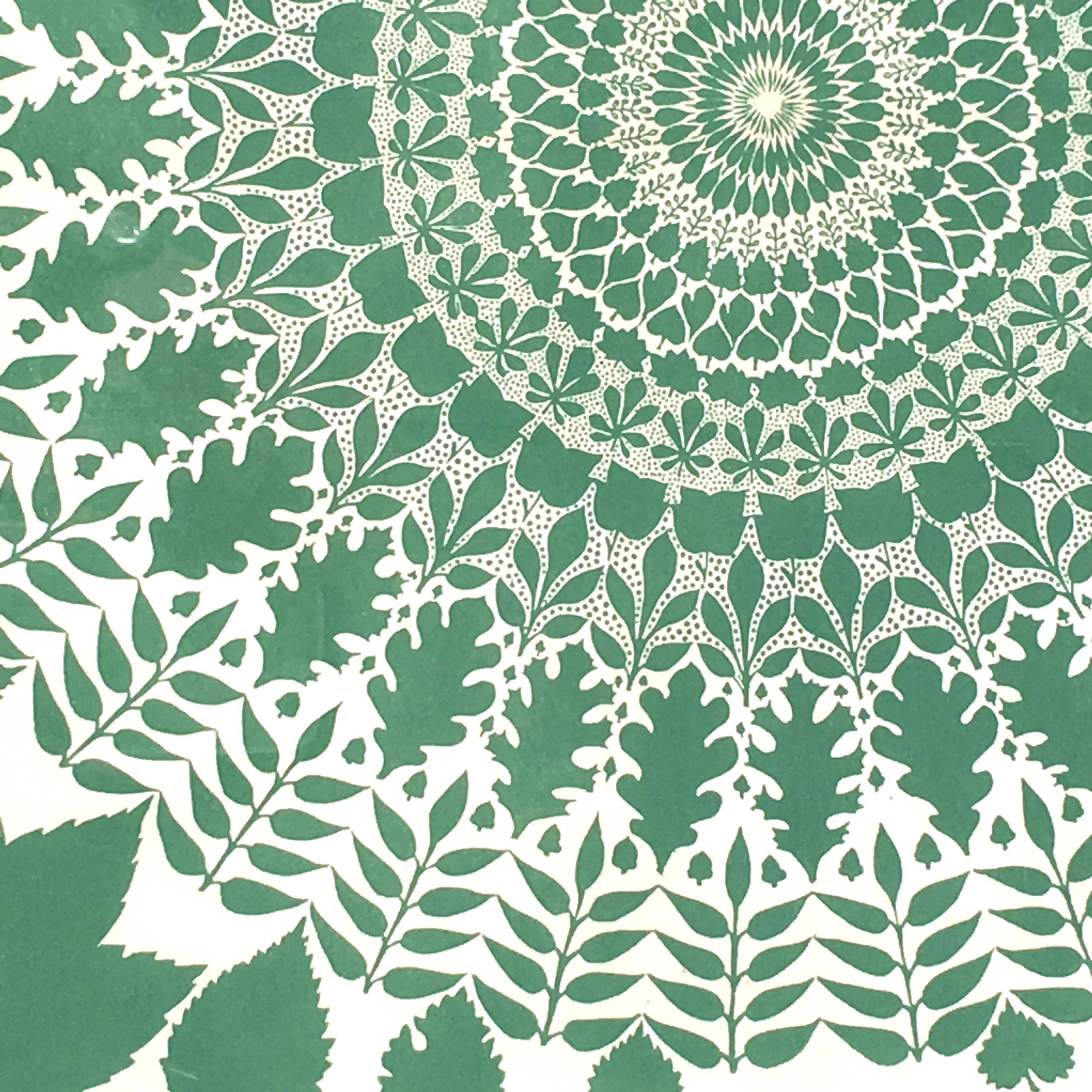 Striking Graphic Green Folly Cove Designers Leaf Pattern Block Print In Excellent Condition In Essex, MA