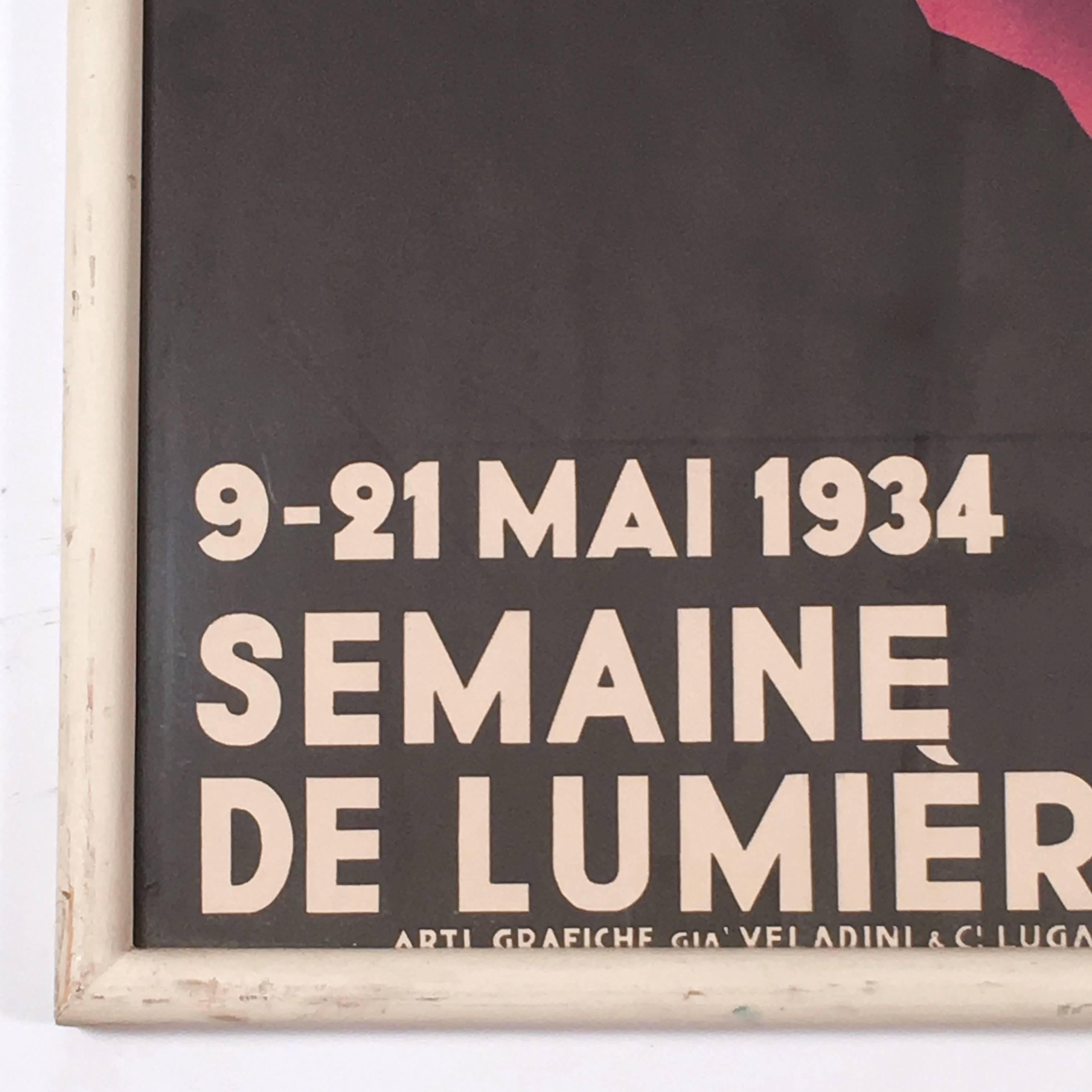 An original  1934 film festival  poster advertising SELU, the Semaine de Lumiere (week of light) festival on Lake Lugano, 9-21 May 1934, lithograph on paper by Bolt, depicting a pink mountain, with yellow light at the summit, against a black