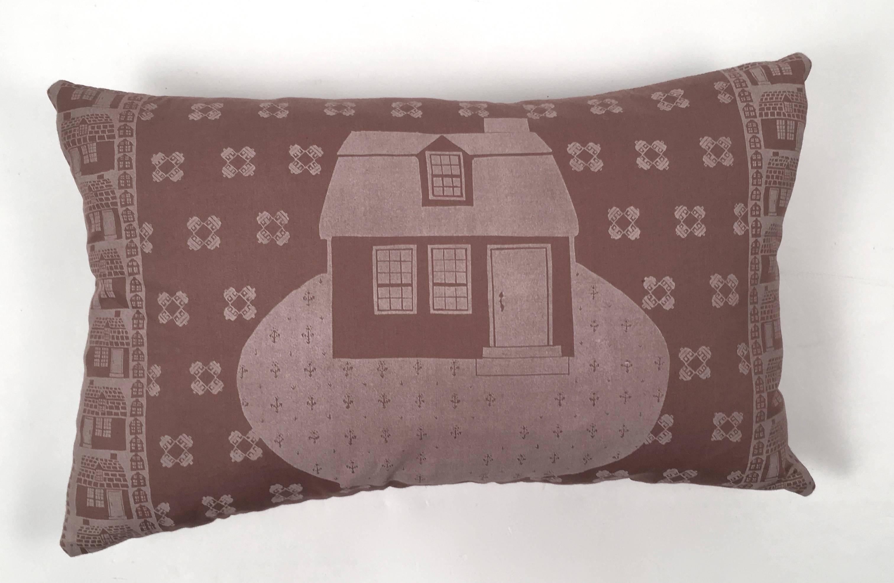 Original hand block printed Folly Cove designers fabric pillow ) in white on mocha colored cotton, with new down filling and linen backing in the Story and a Half pattern, designed by Peggy Norton, circa 1958, which shows a charming cottage with