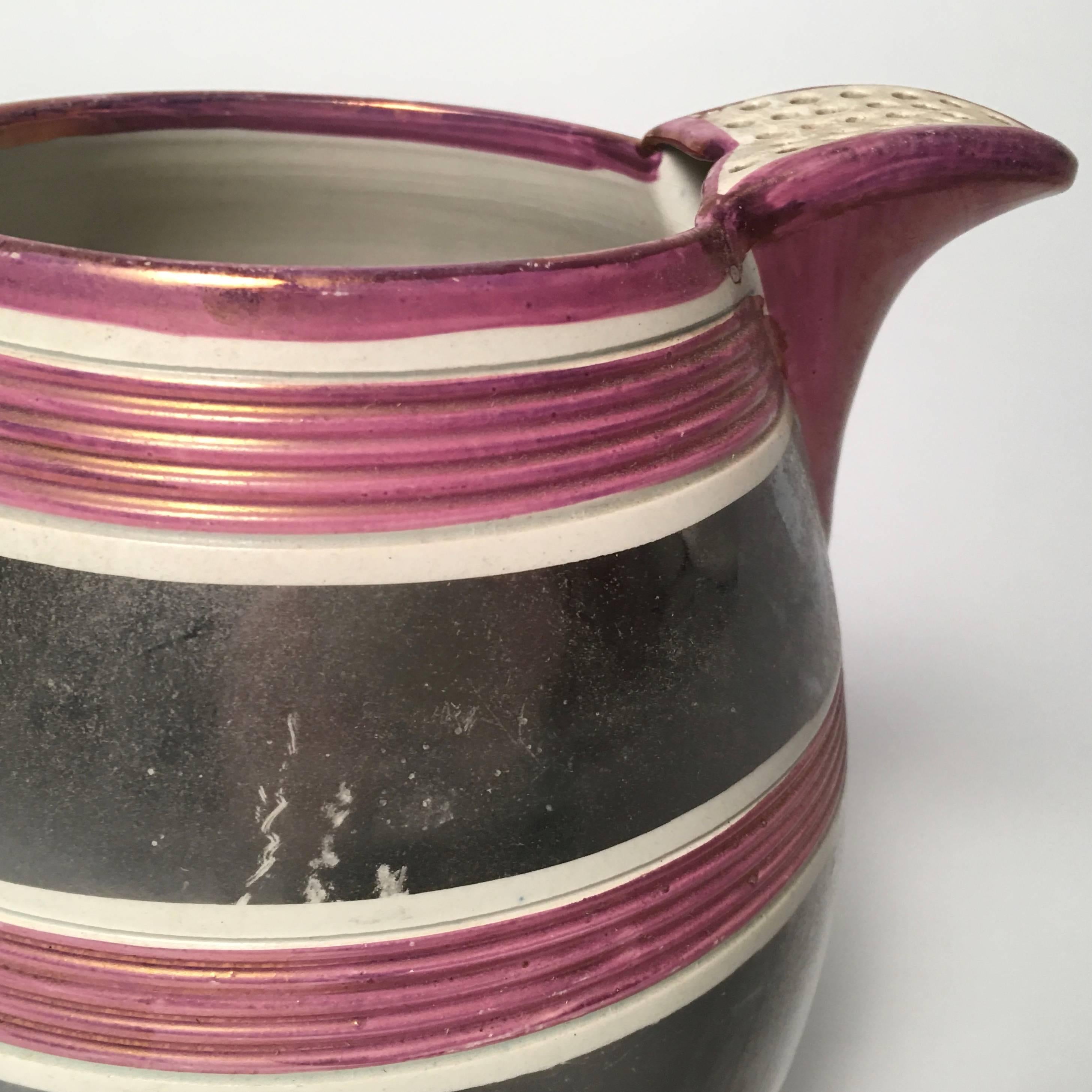 Striking Staffordshire Silver and Pink Lustrerware Pitcher In Excellent Condition In Essex, MA