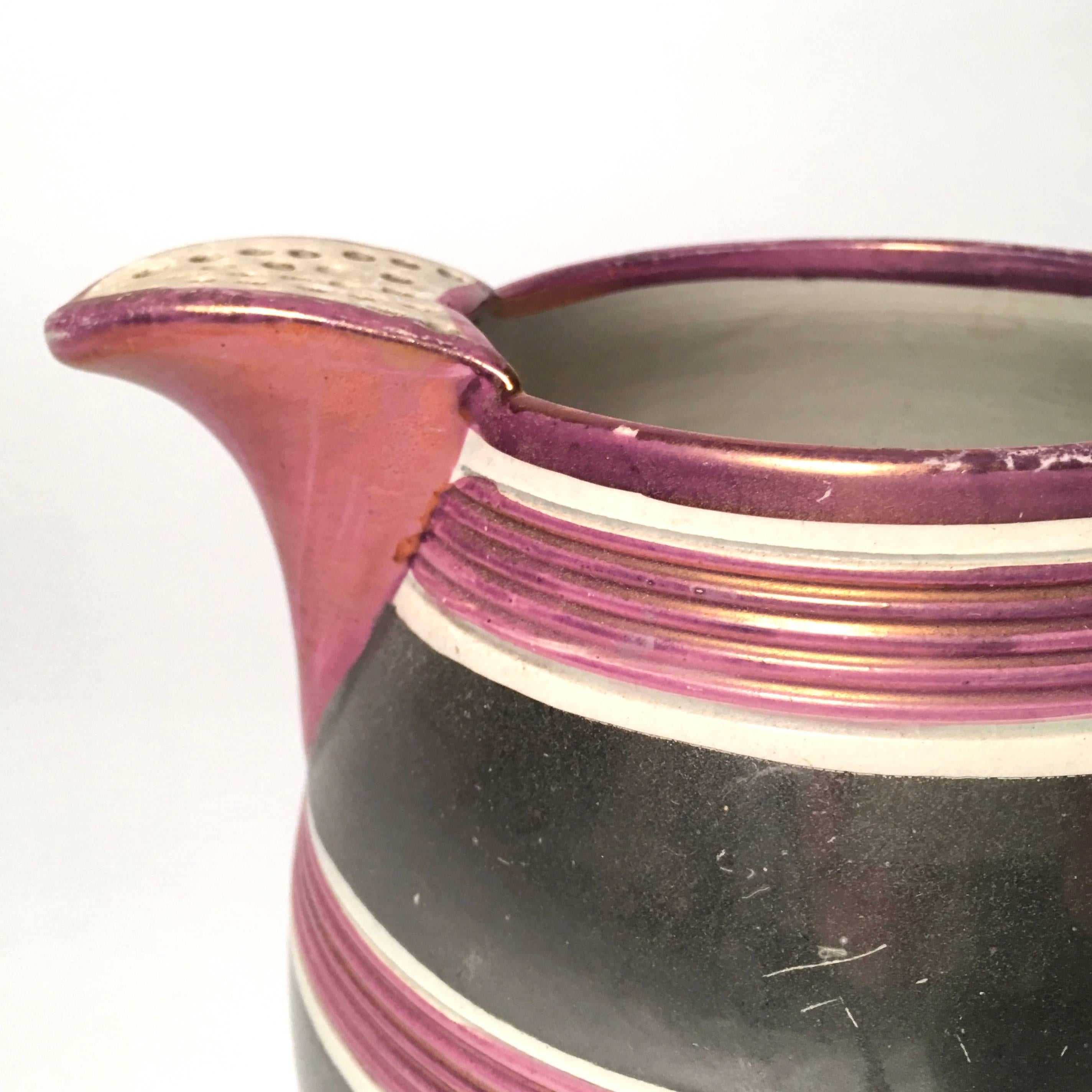 Early 19th Century Striking Staffordshire Silver and Pink Lustrerware Pitcher