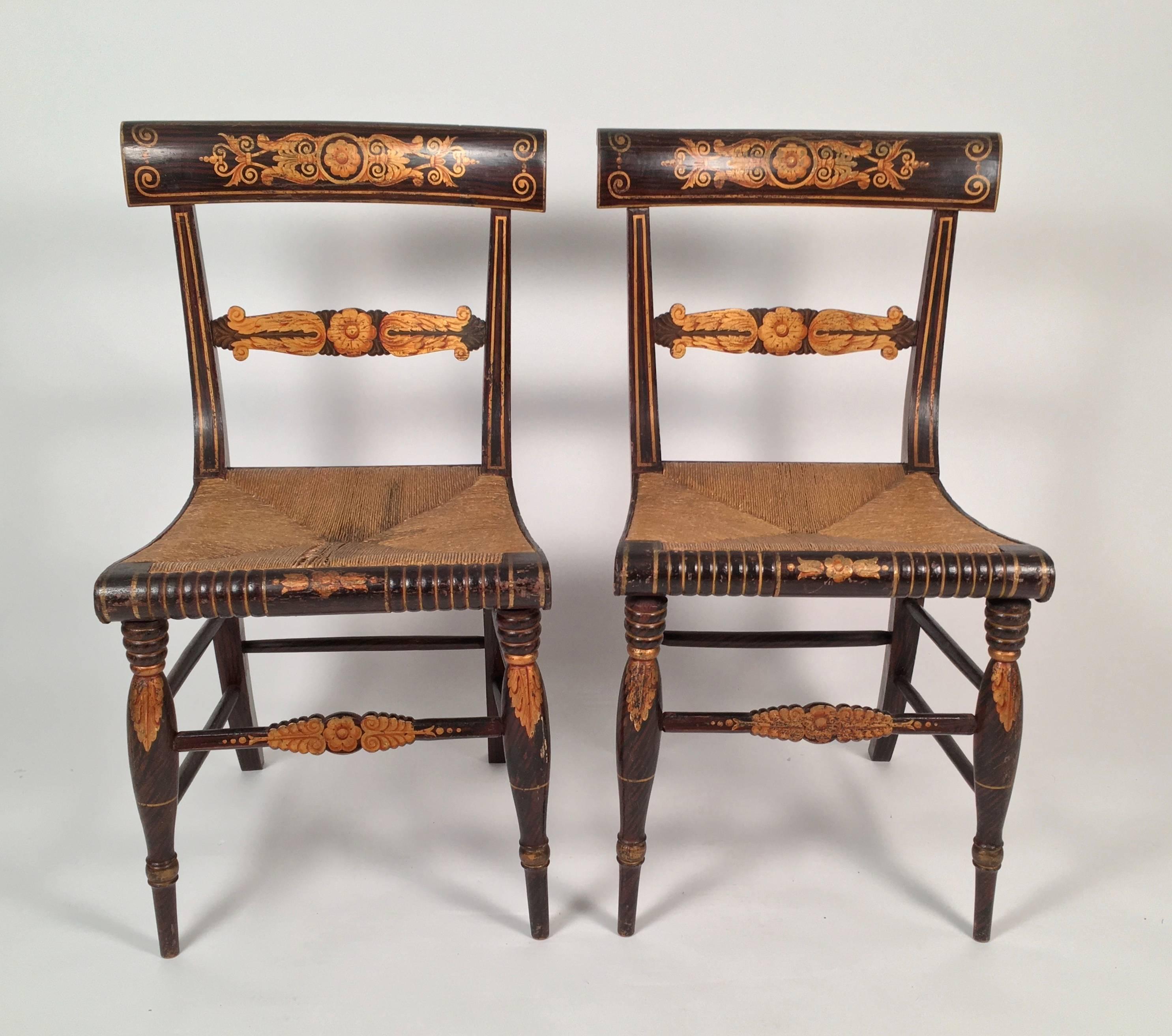 American Pair of Neoclassical Fancy Painted Klismos Chairs