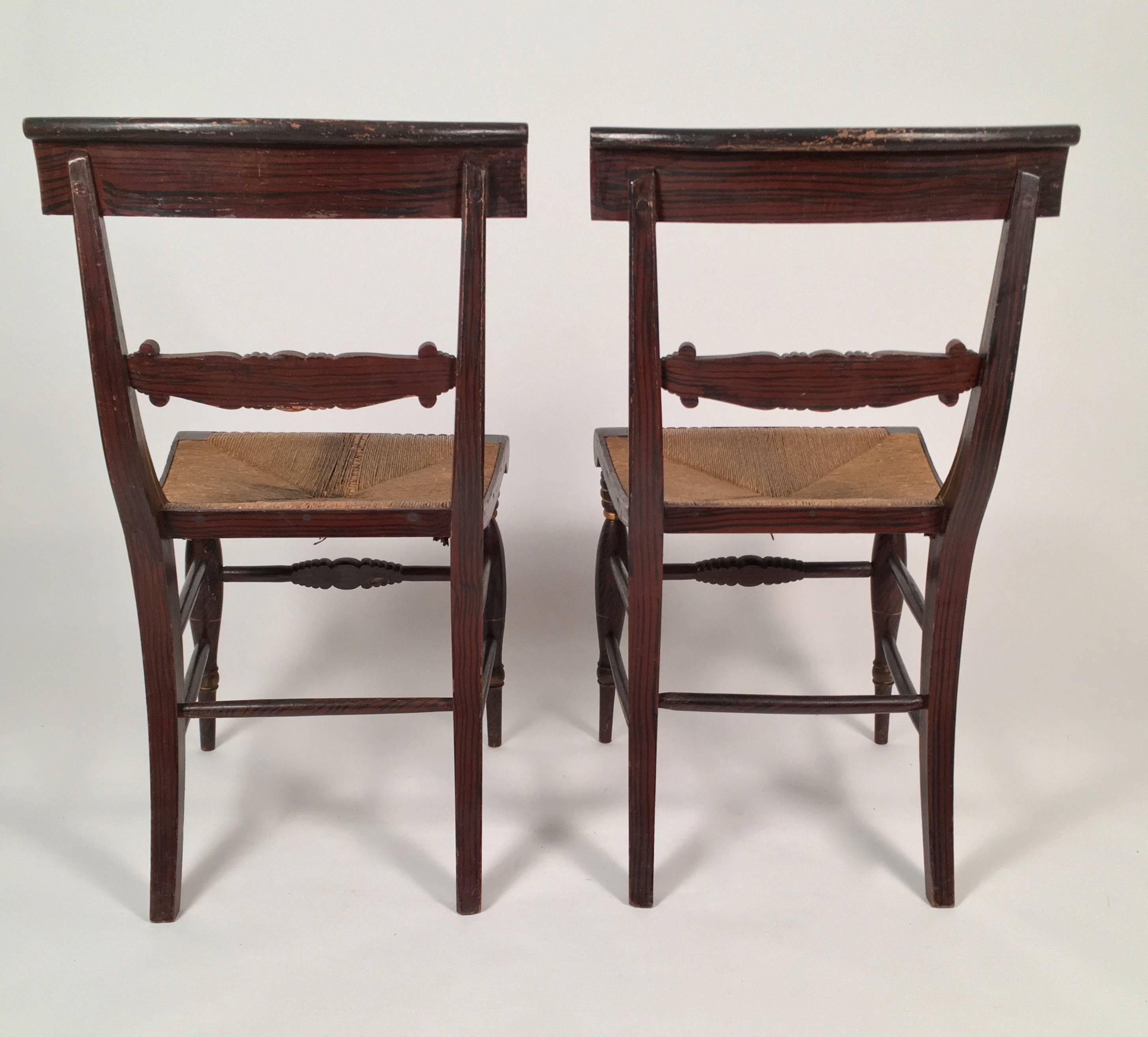 Carved Pair of Neoclassical Fancy Painted Klismos Chairs