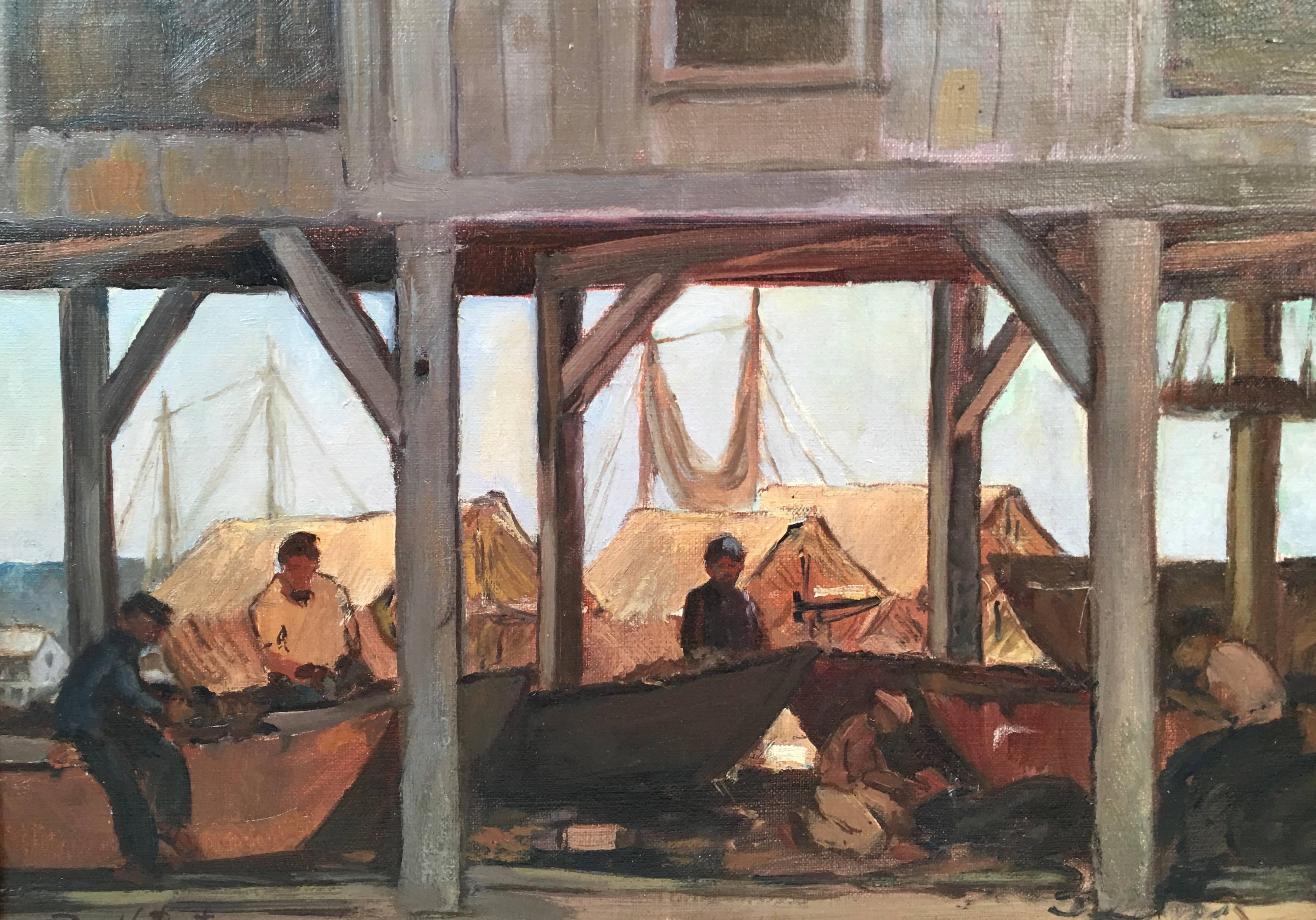 An oil on canvas painting by Donald Blagge Barton (1903-1990) depicting a fish pier in Gloucester, Massachusetts, American, circa 1935 Signed lower left. In a giltwood frame. Expressively painted and a wonderful, original subject.

Information on