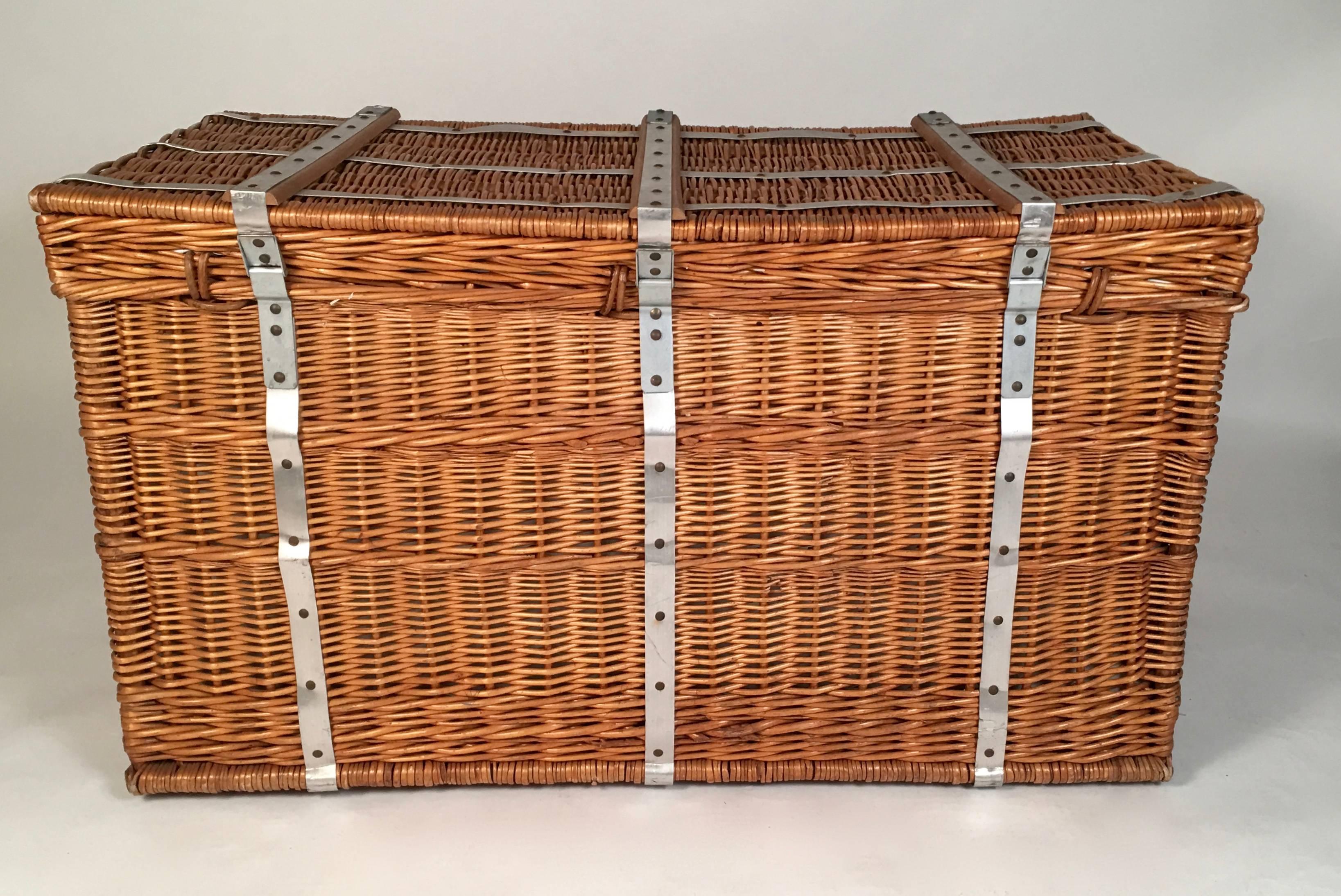French Lined Wicker Trunk, Hamper or Coffee Table 4