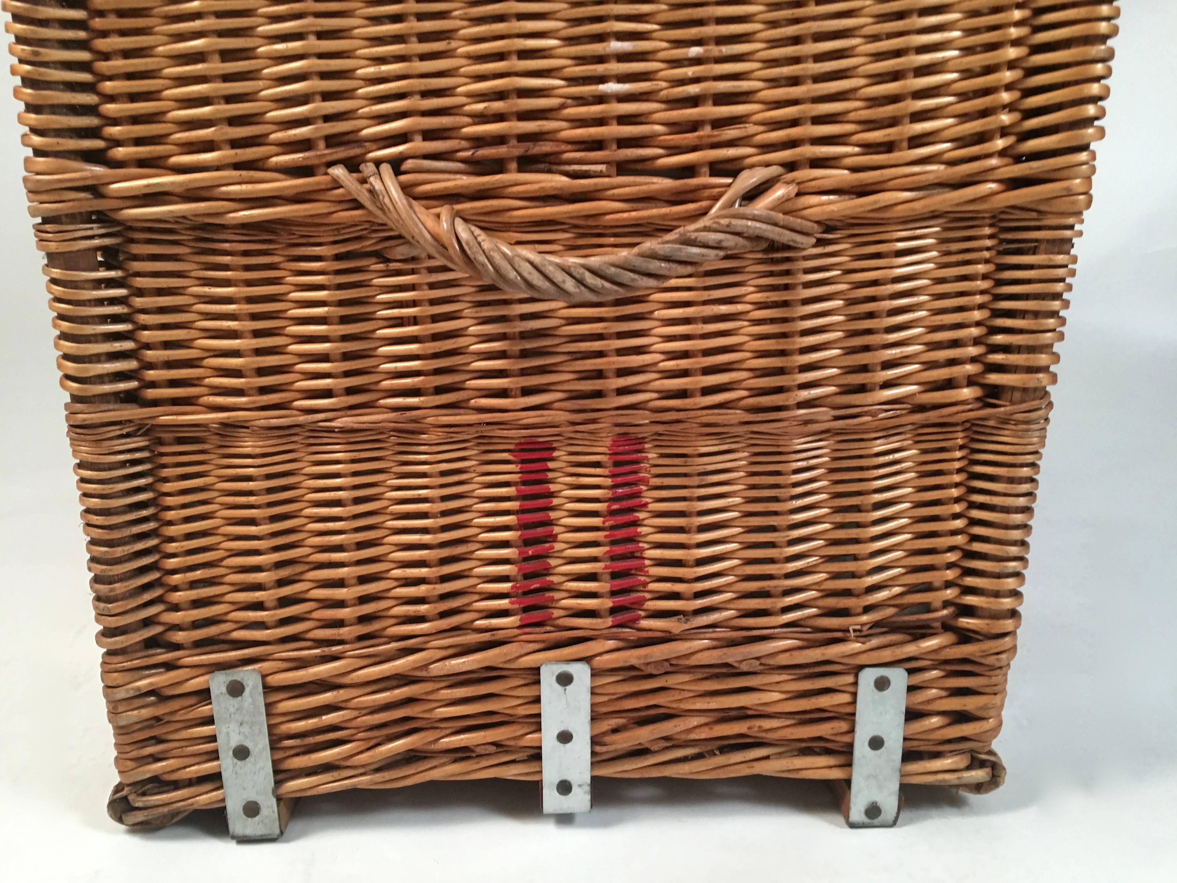 French Lined Wicker Trunk, Hamper or Coffee Table In Excellent Condition In Essex, MA