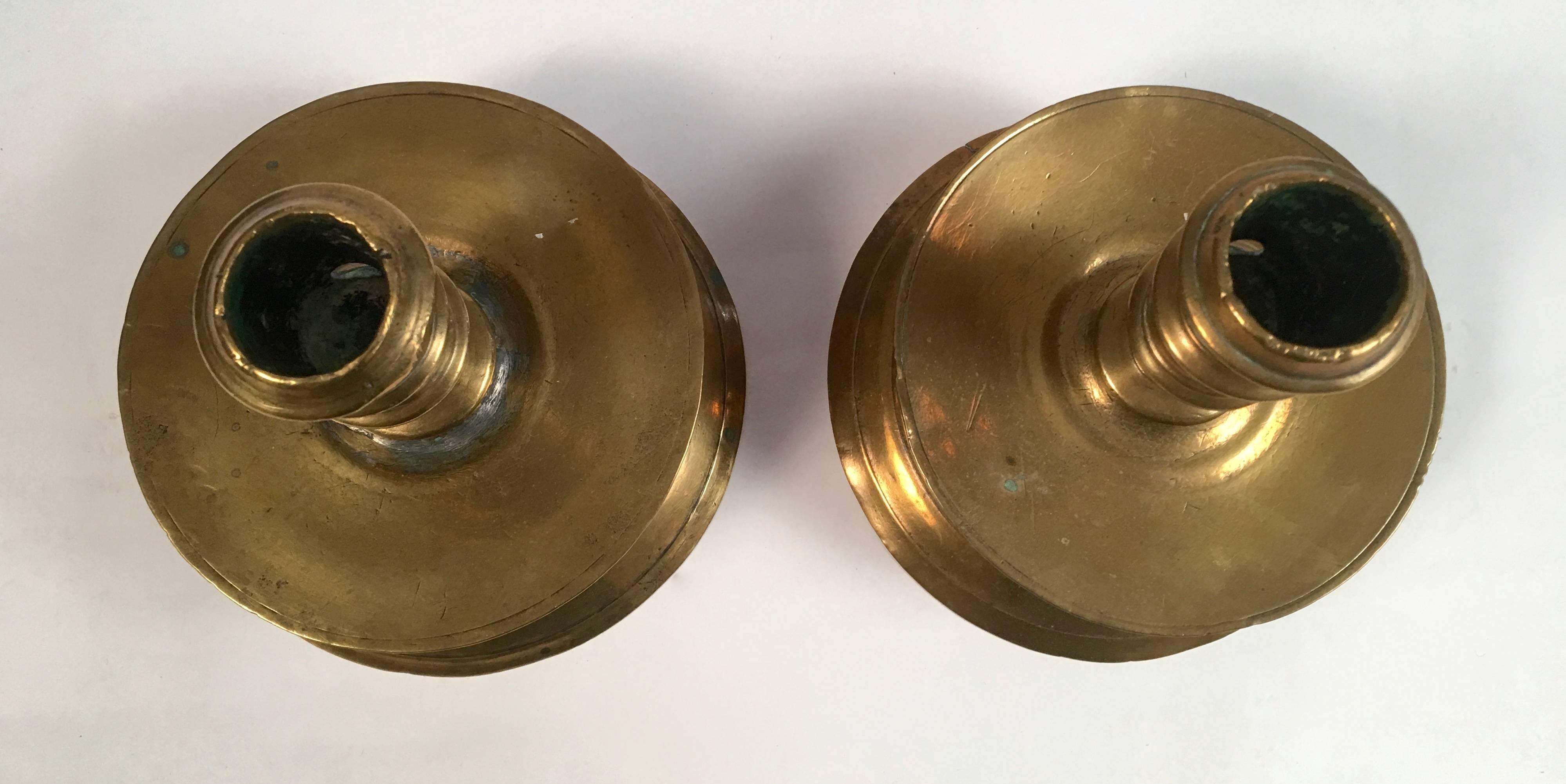 Pair of 17th Century European Brass Candlesticks In Good Condition In Essex, MA