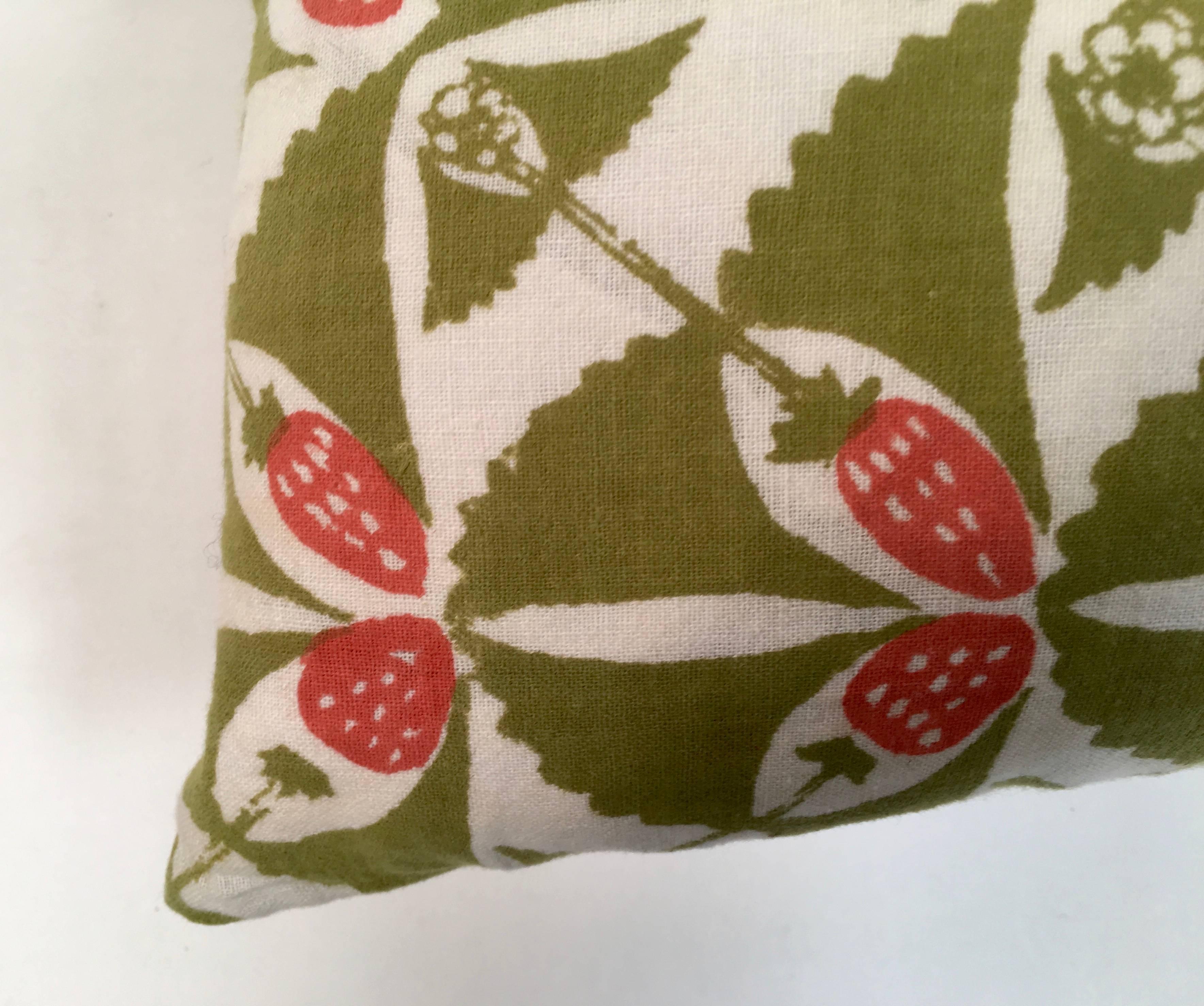 American Hand Block Printed Strawberry Patch Pillow by the Folly Cove Designers