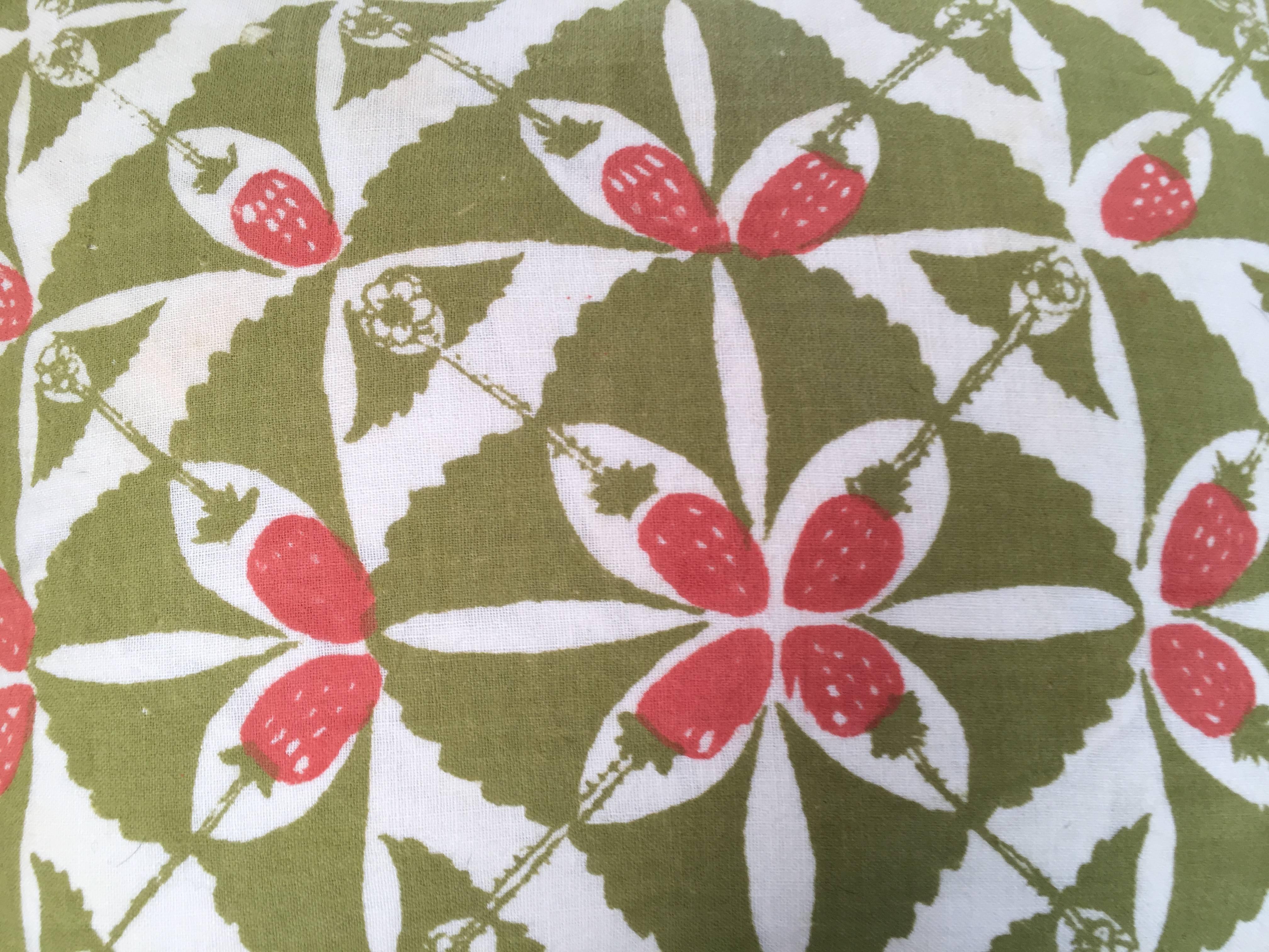 Arts and Crafts Hand Block Printed Strawberry Patch Pillow by the Folly Cove Designers