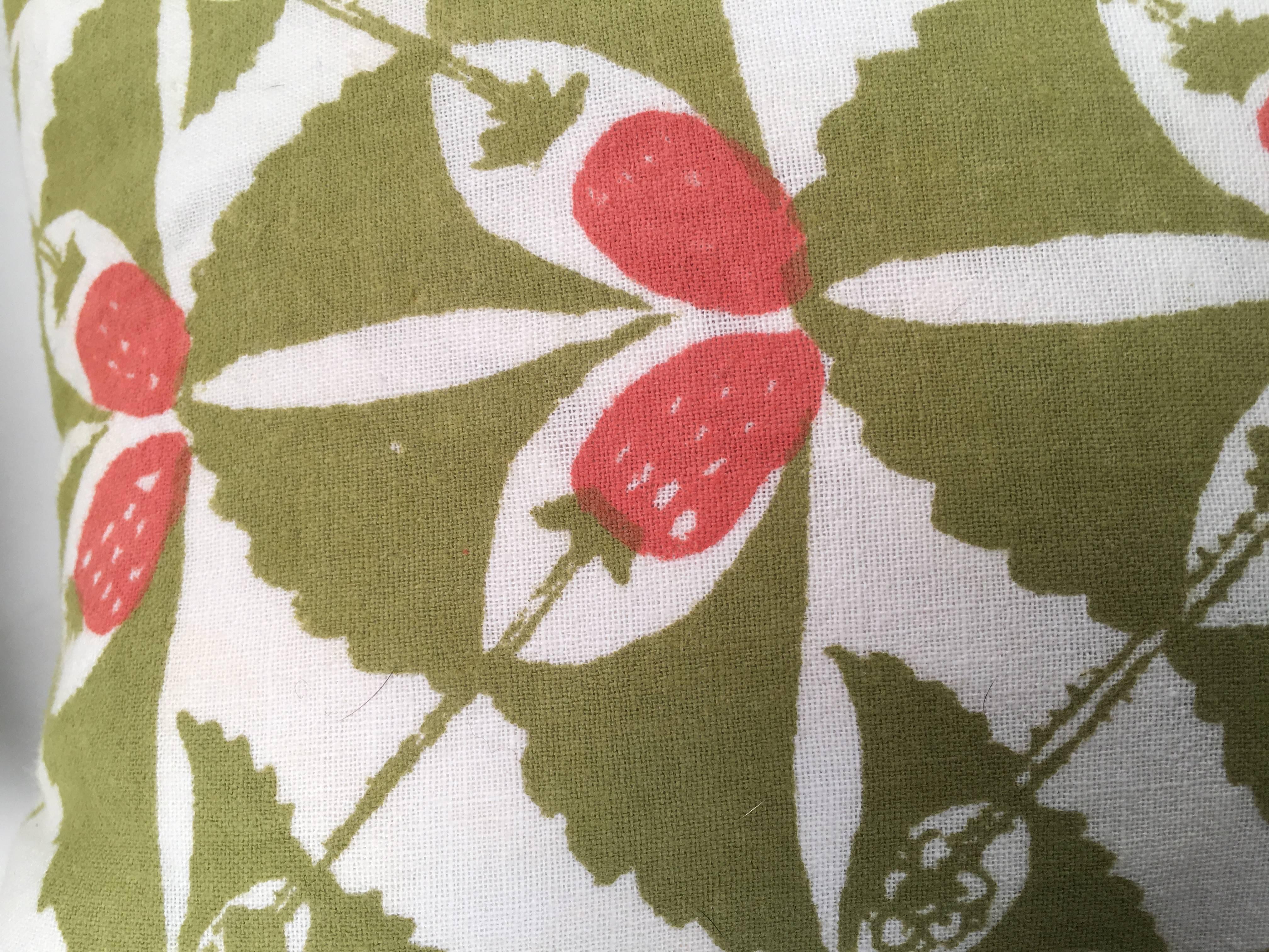 Hand-Crafted Hand Block Printed Strawberry Patch Pillow by the Folly Cove Designers