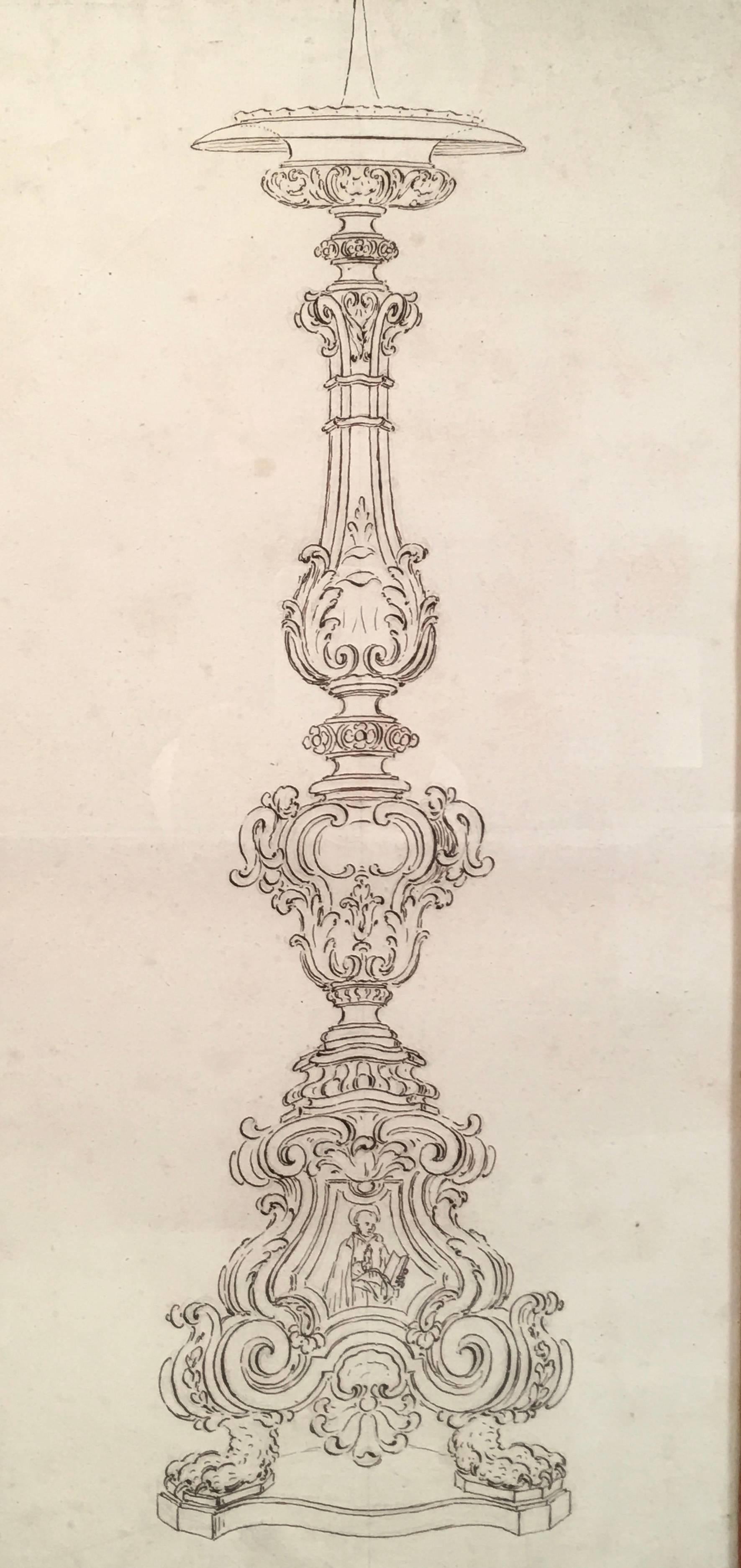 A fine quality 18th century Italian drawing of a Baroque pricket candlestick,  sepia ink on paper, joined in the middle, the pricket, or spike,  of the candlestick over a circular candle drip pan above a baluster turned base, elaborately ornamented