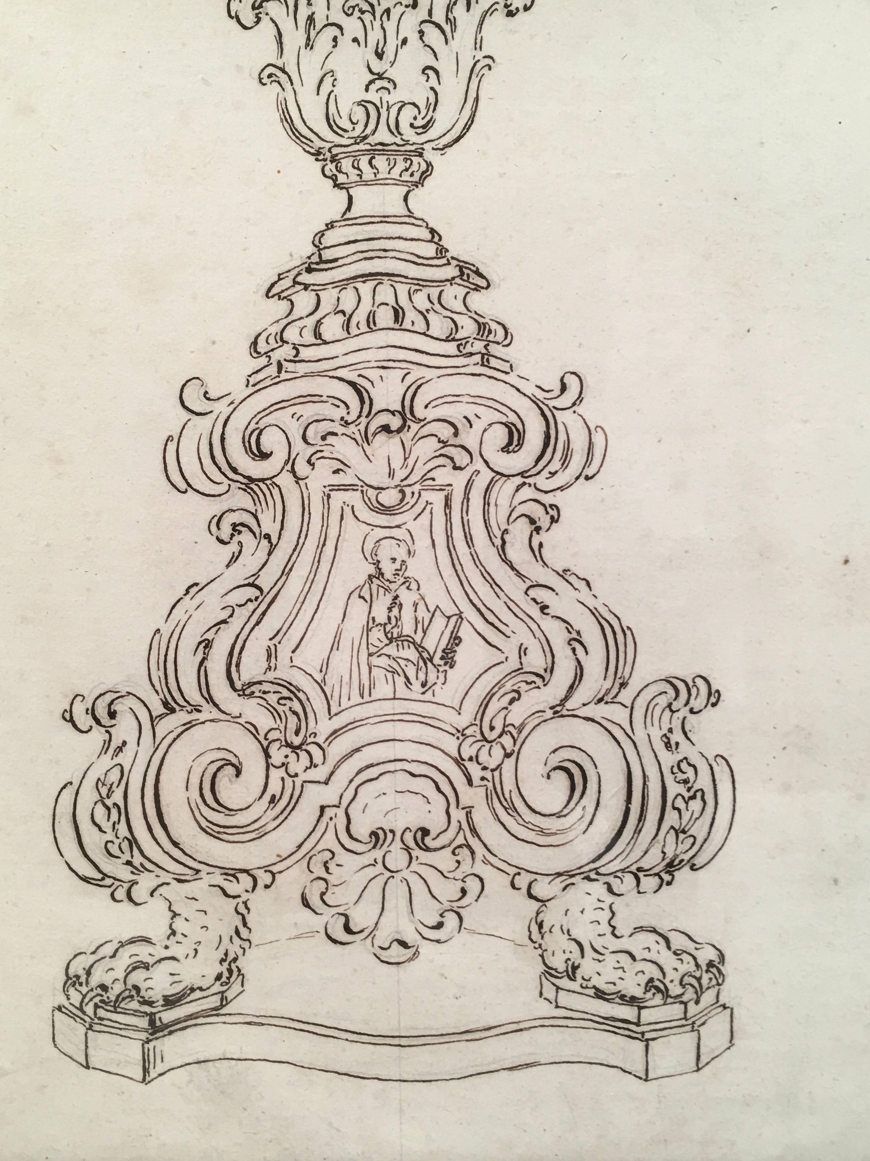 Gilt 18th Century Italian Pen and Ink Baroque Candlestick Drawing