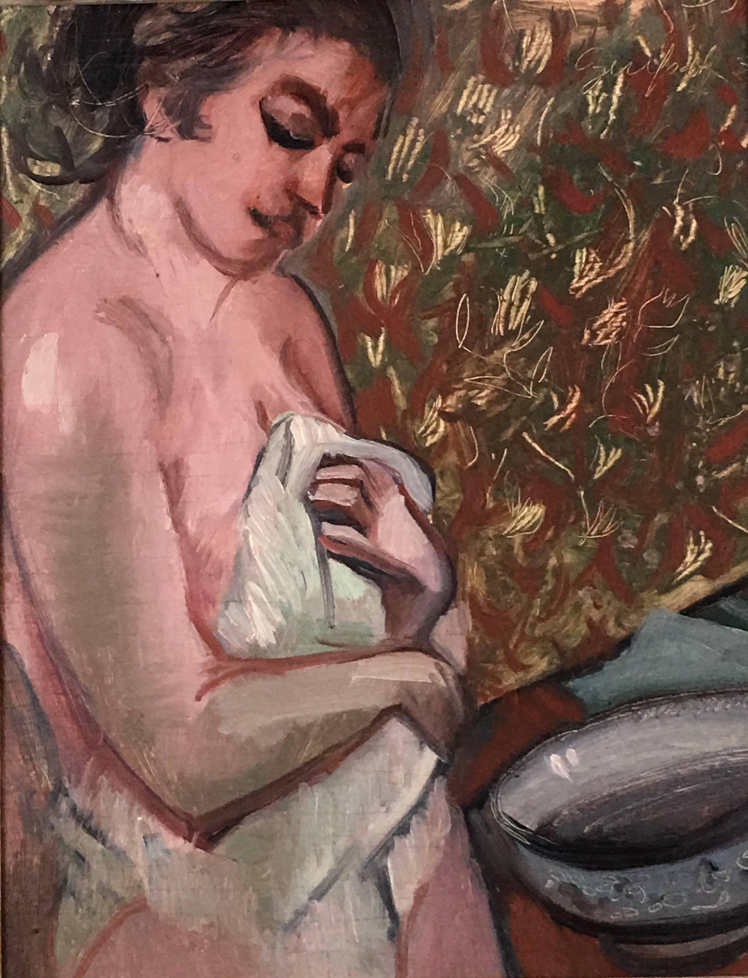 Alfred (Al) Czerepak (1928-1986) oil on board painting of a female bather against a patterned wallpaper background, painted with a rich palette of colors and incised mark making, in a carved wood frame, also made by the artist who was among the most