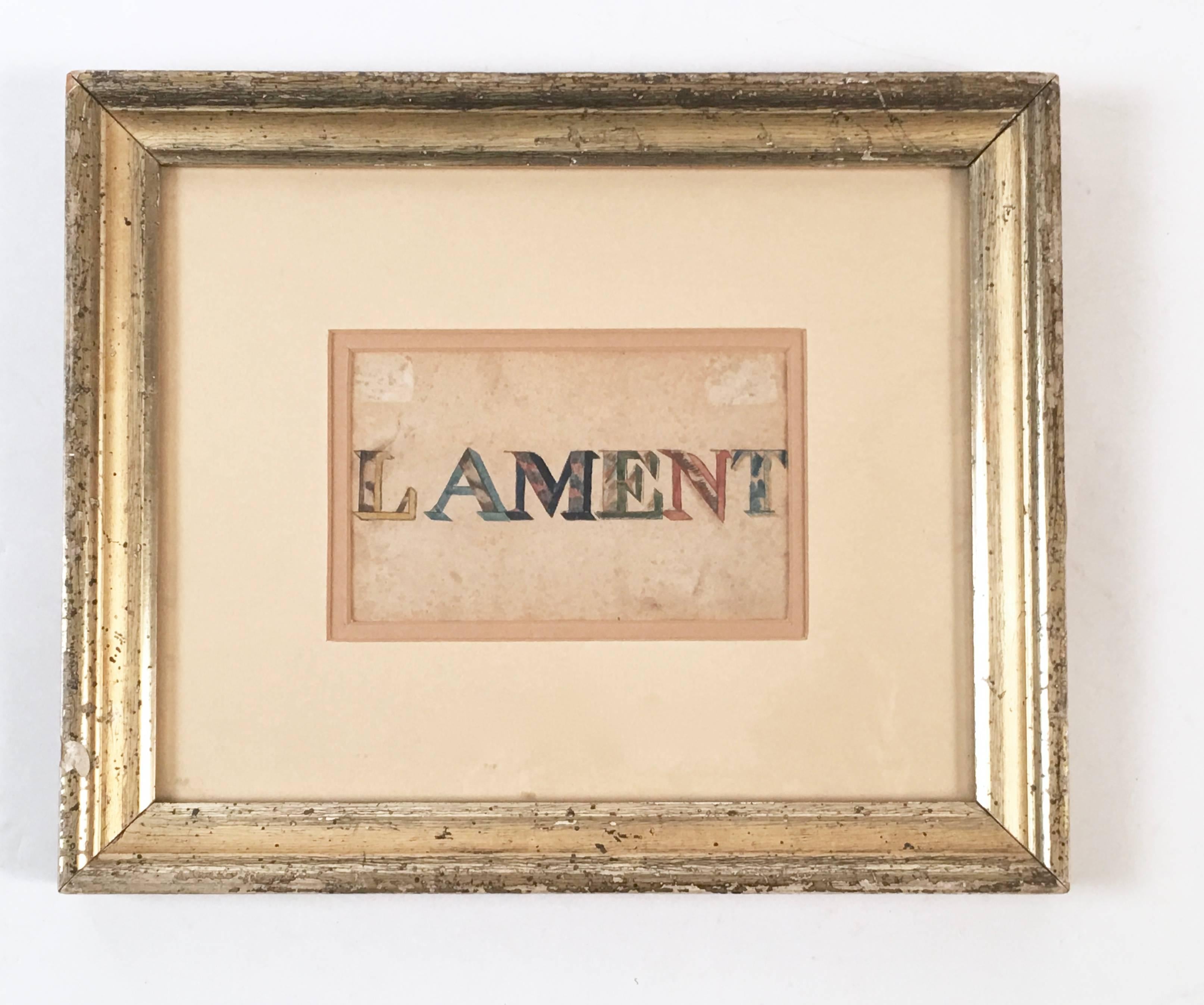 19th Century Watercolor of the Word Lament In Good Condition In Essex, MA