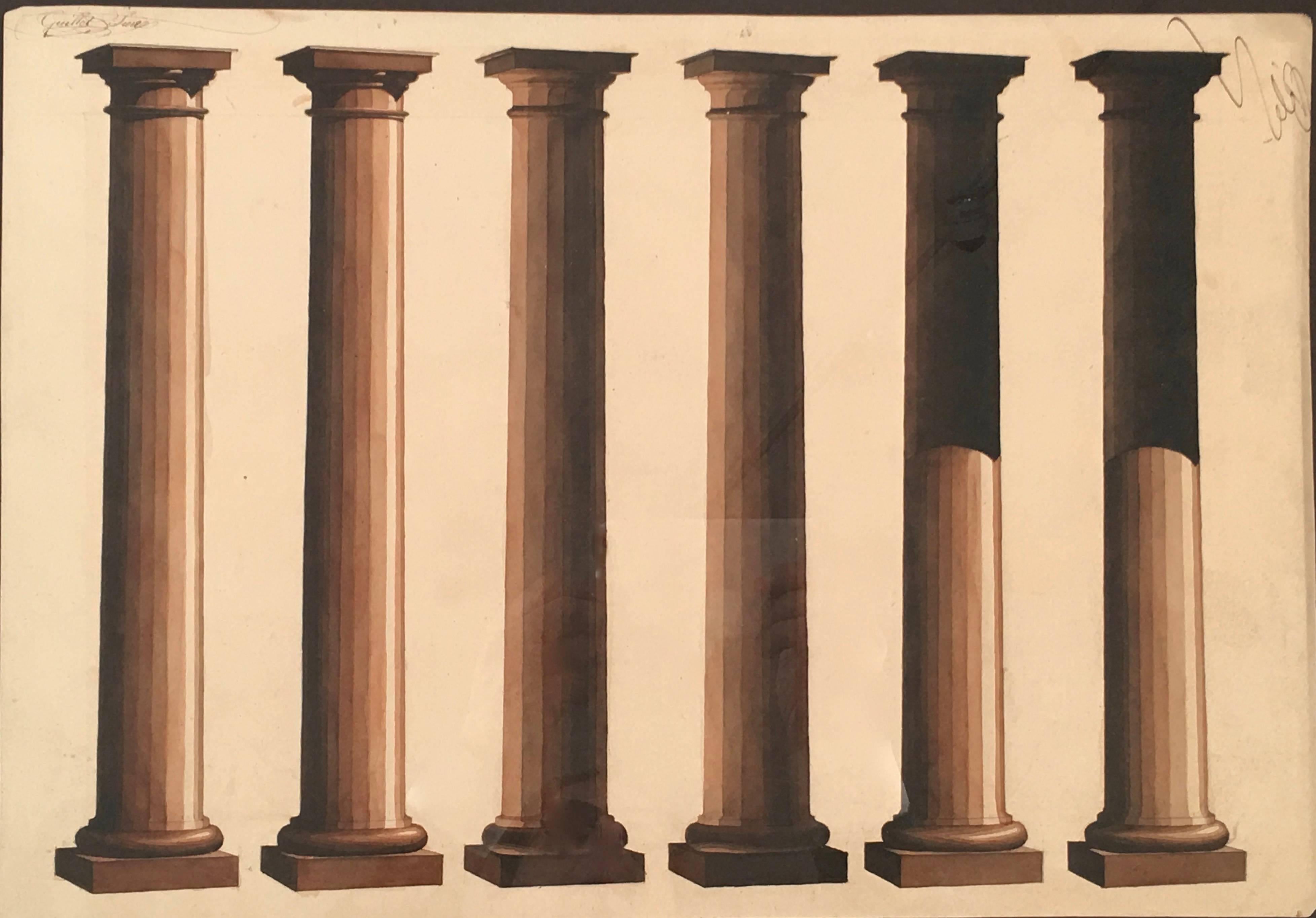 A neoclassical architectural Beaux Arts sepia watercolor study of shadows cast on six fluted Doric columns, annotated and signed in ink with the name of the artist Guillot (?) in the upper left and right hand corners. The drawing is mounted on