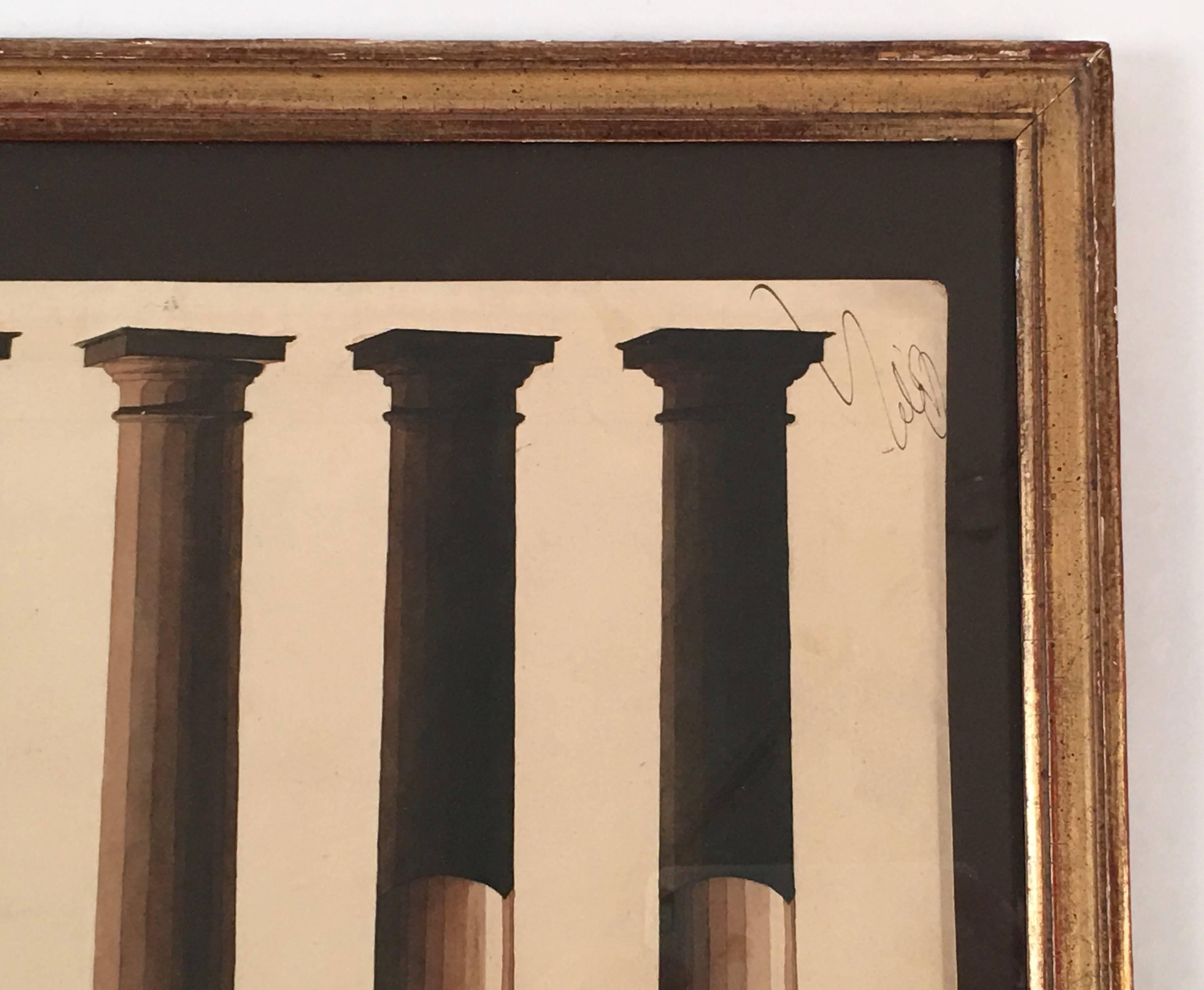 Hand-Painted French Neoclassical Architectural Watercolor Study of Shadows on Columns