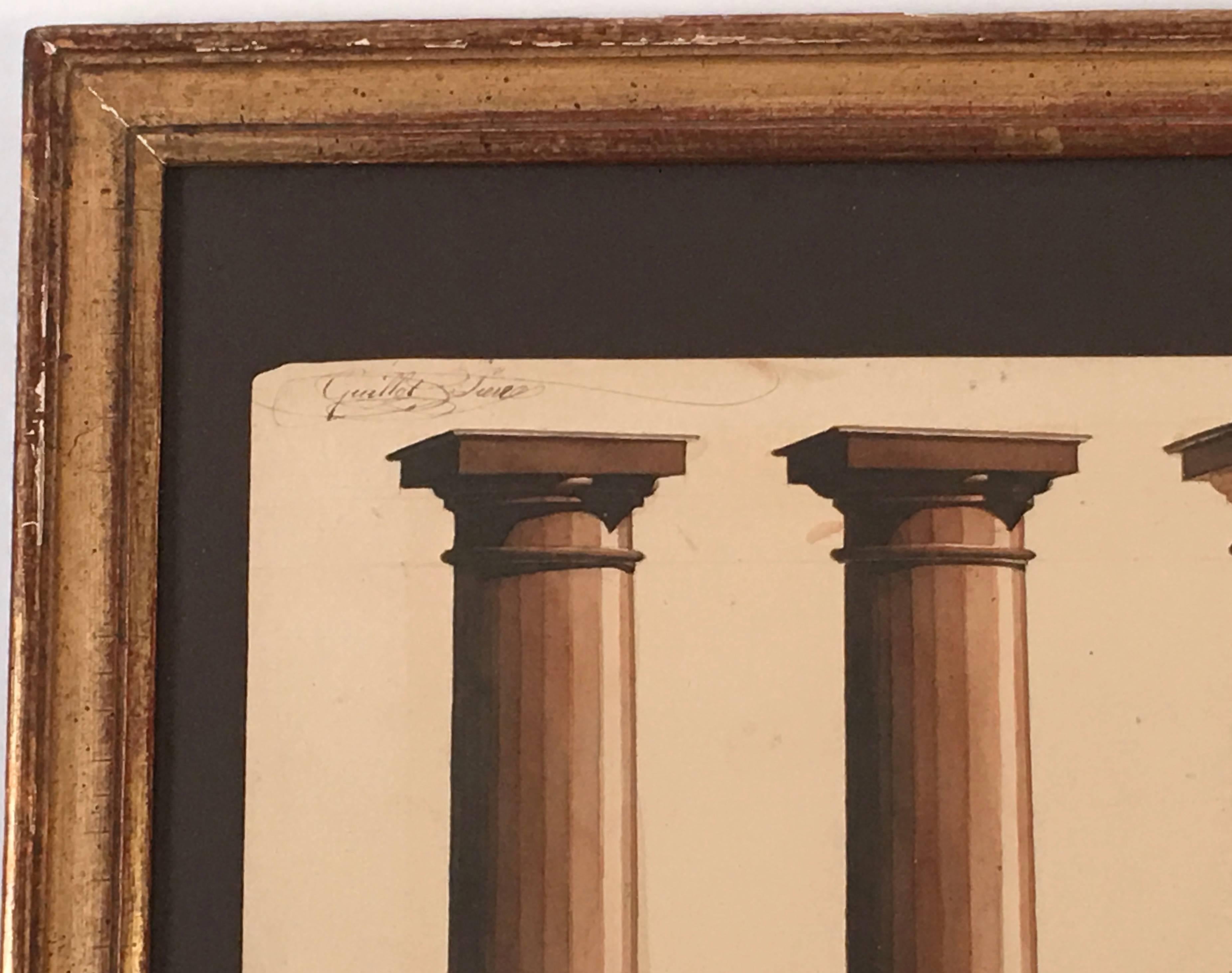 19th Century French Neoclassical Architectural Watercolor Study of Shadows on Columns