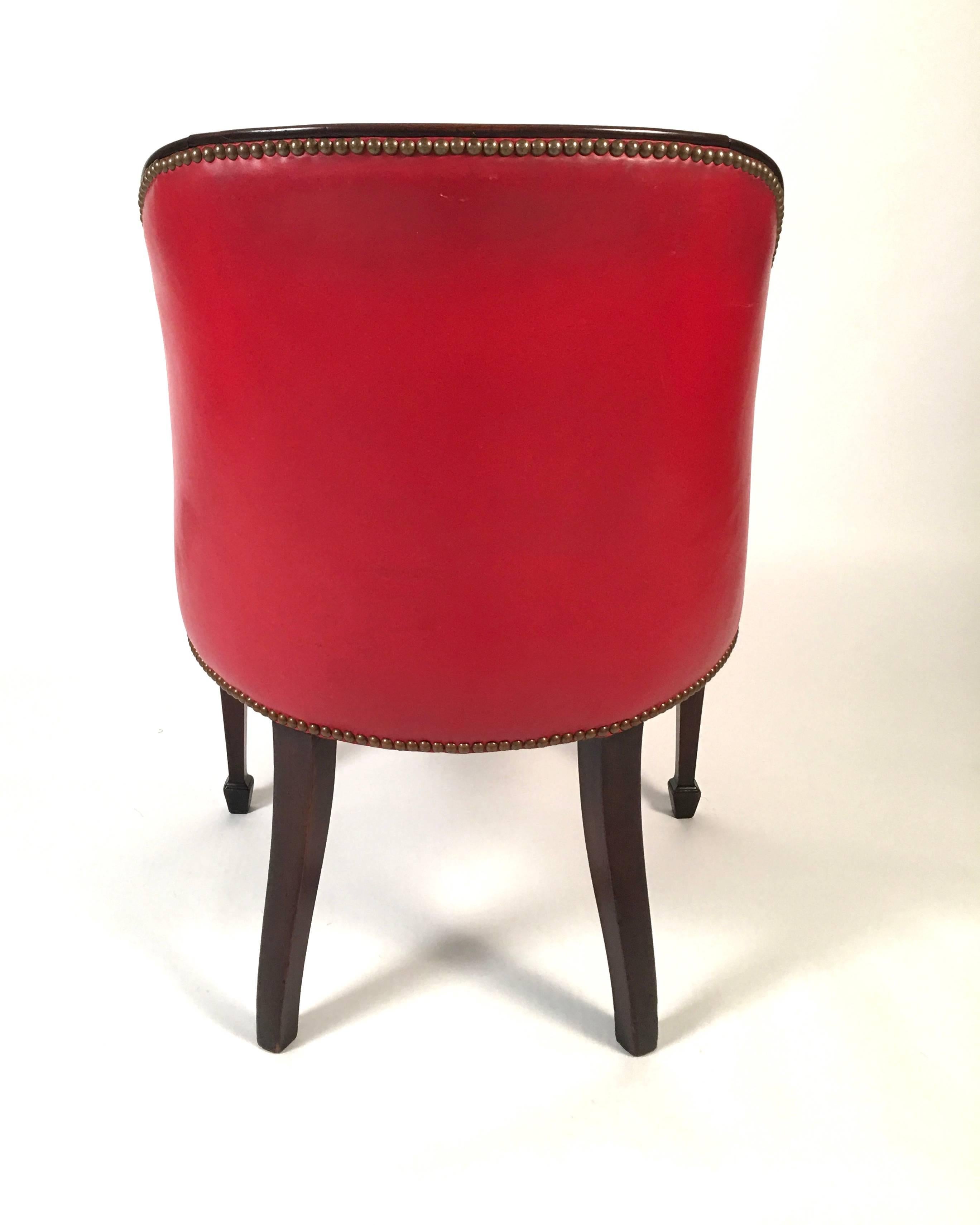 Carved Hepplewhite Red Leather Barrel Back Armchair