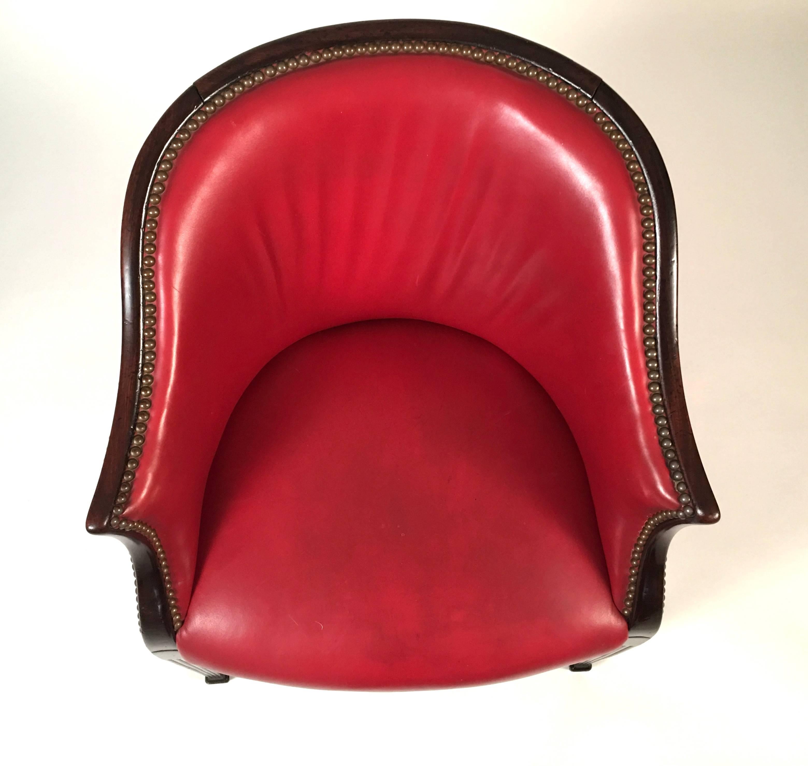 Hepplewhite Red Leather Barrel Back Armchair In Excellent Condition In Essex, MA