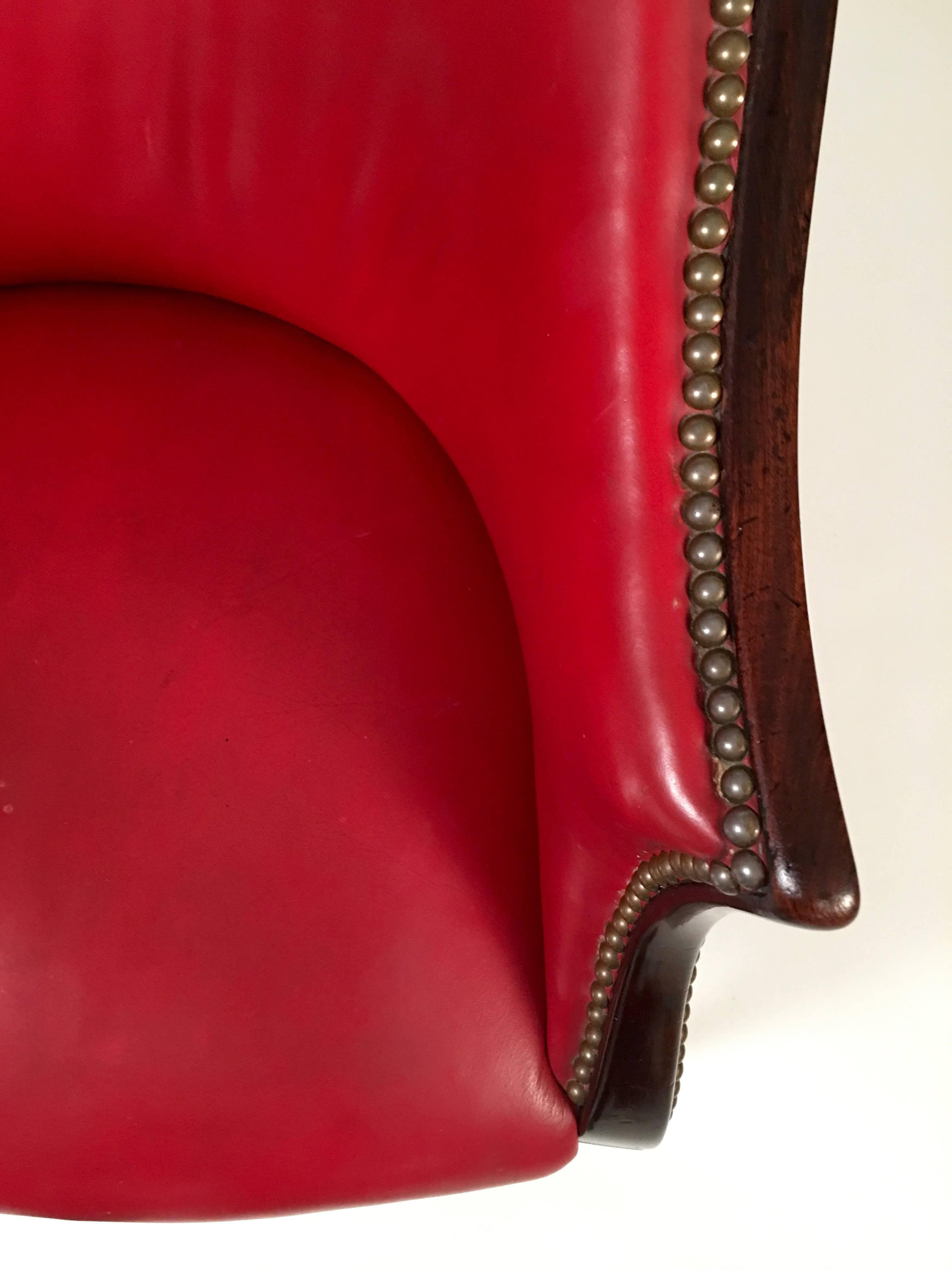 Brass Hepplewhite Red Leather Barrel Back Armchair