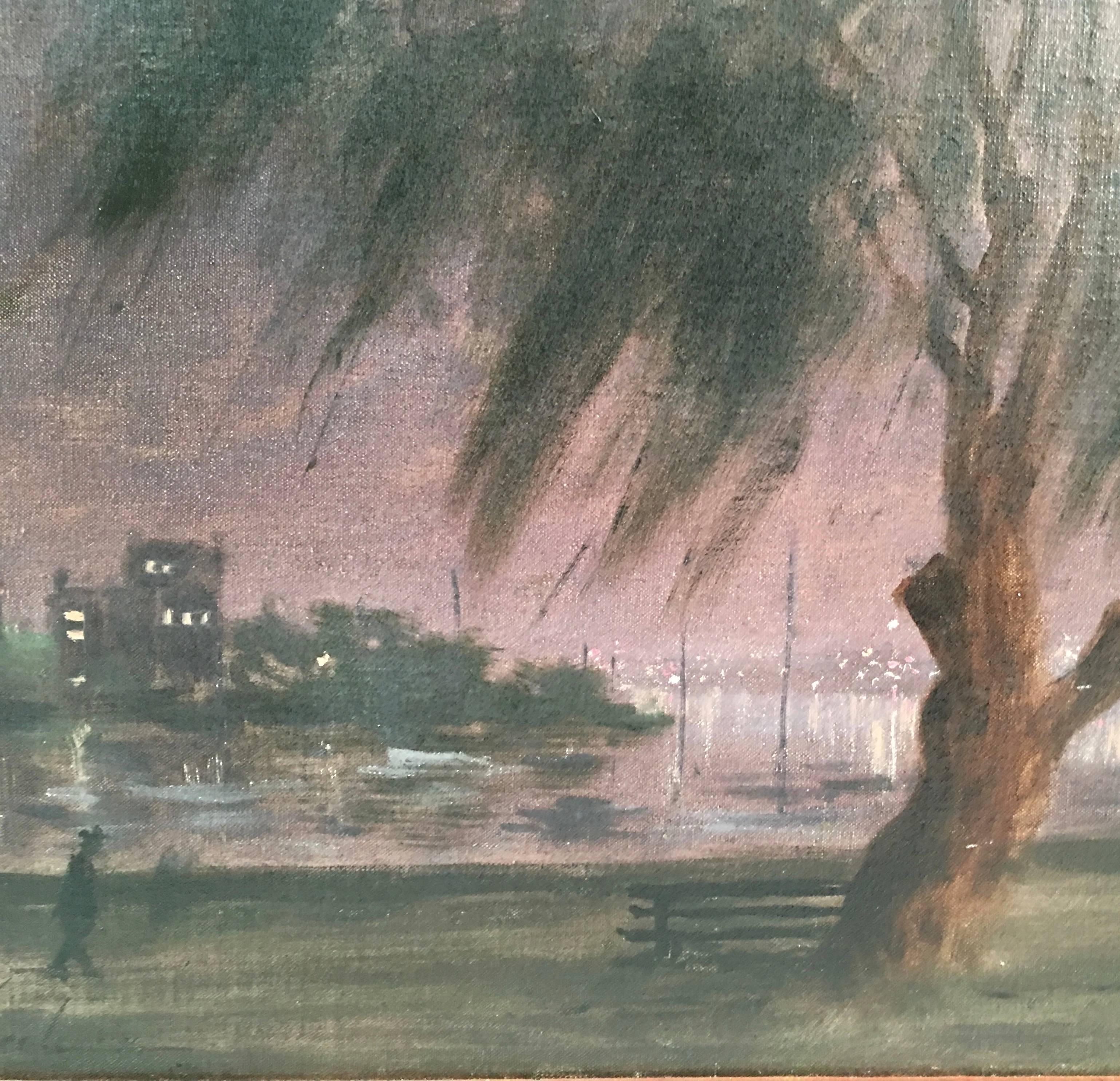 Australien Hayward Veal - Peinture de paysage urbain au nocturne australien en vente