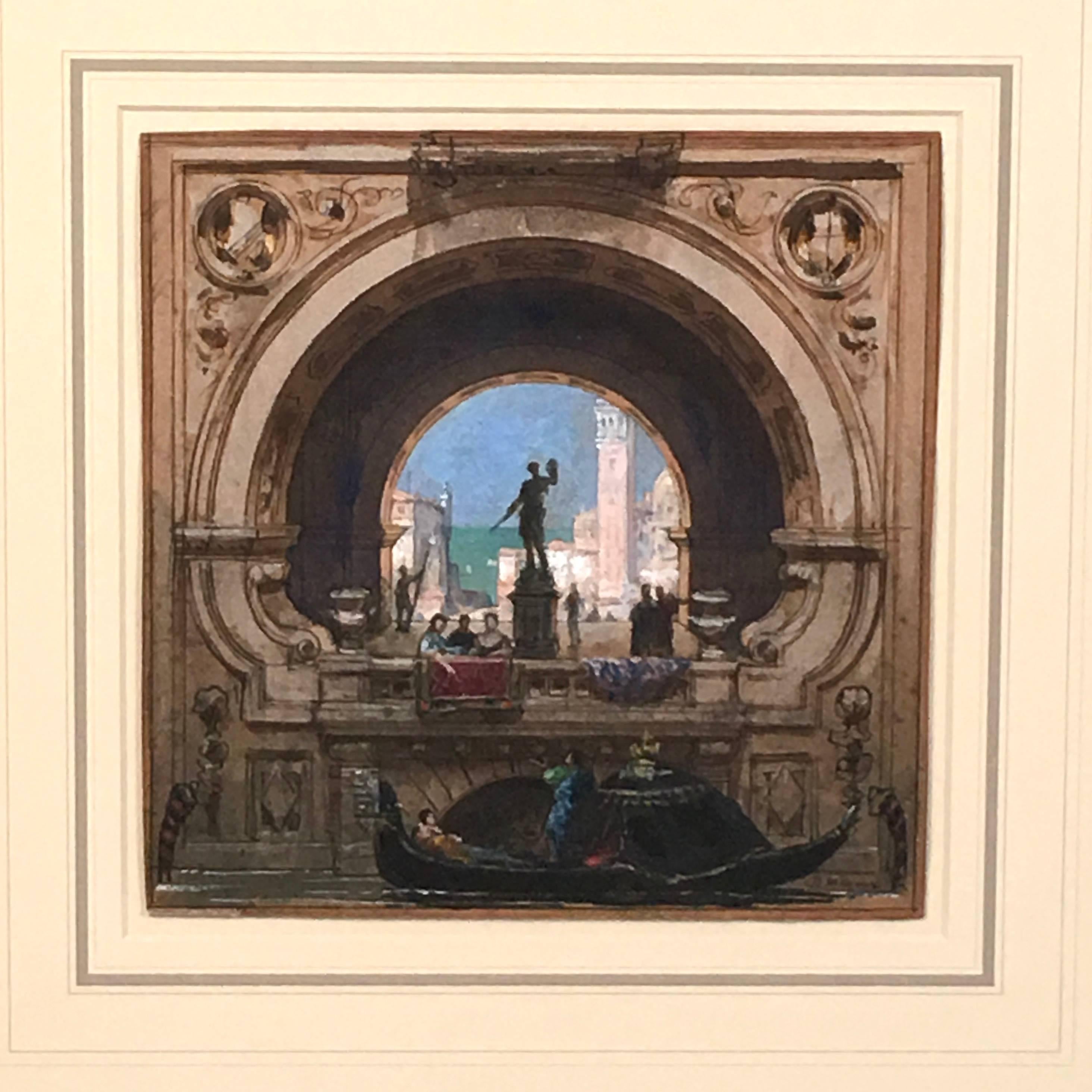 A beautifully rendered view of Venice in pastel, watercolor and pen and ink by French artist Henri Mayeux (1845-1929), depicting  a view, framed through an arch  of the campanile of St. Mark's in the distance, a sculpture on pedestal in the center