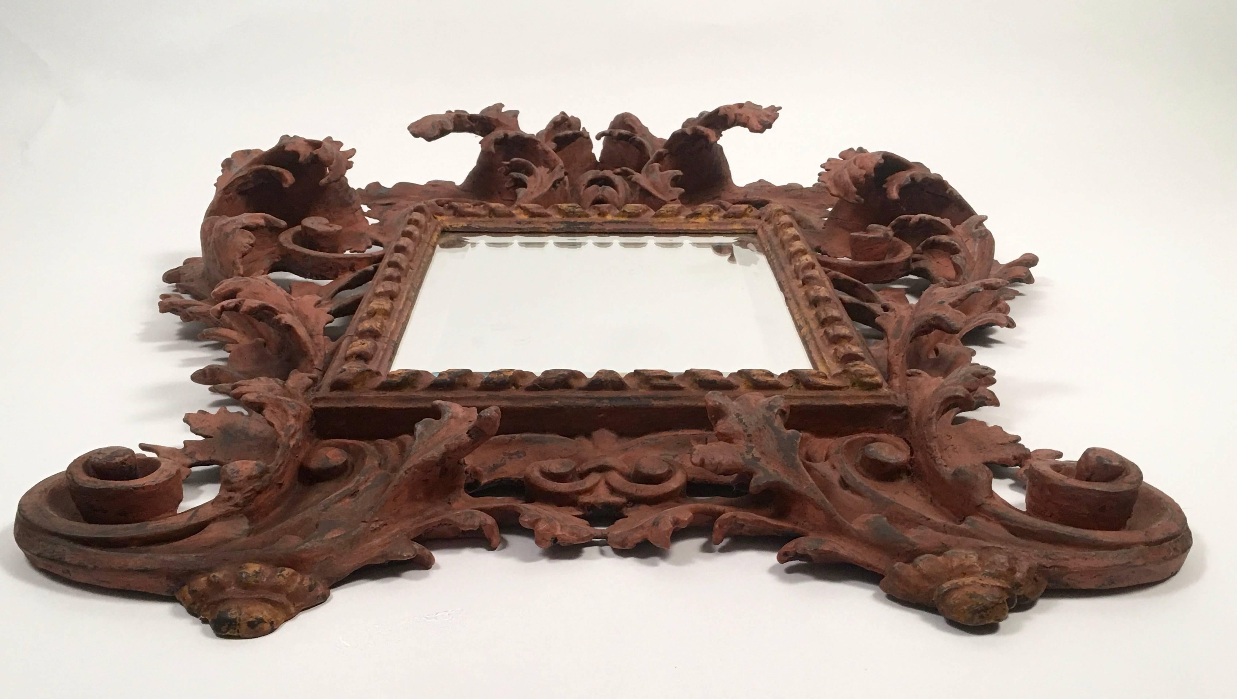 Italian Baroque Style Carved and Salmon Painted Wood  Mirror 4