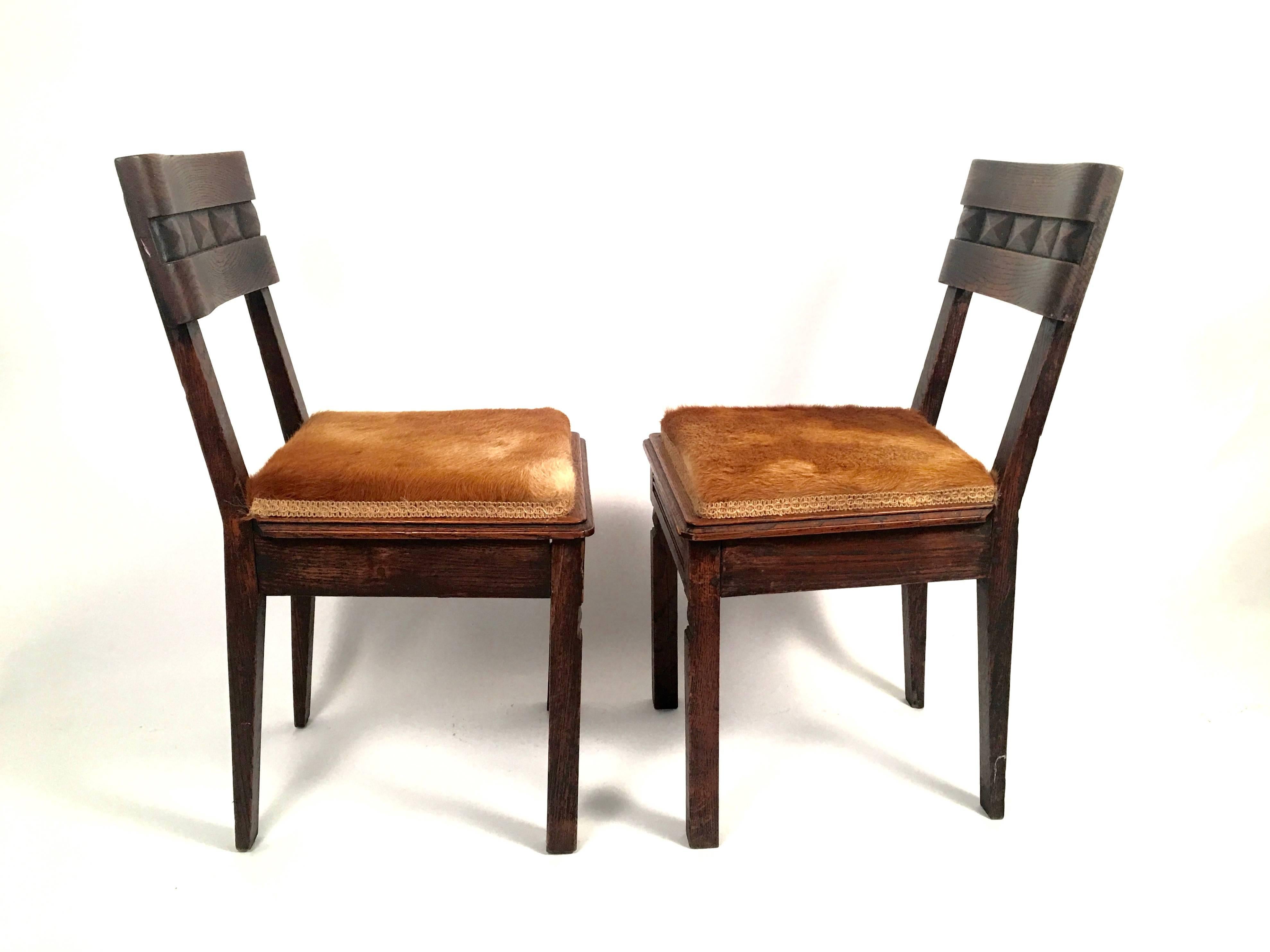 Pair of Art Deco Carved Oak Chairs In Excellent Condition In Essex, MA