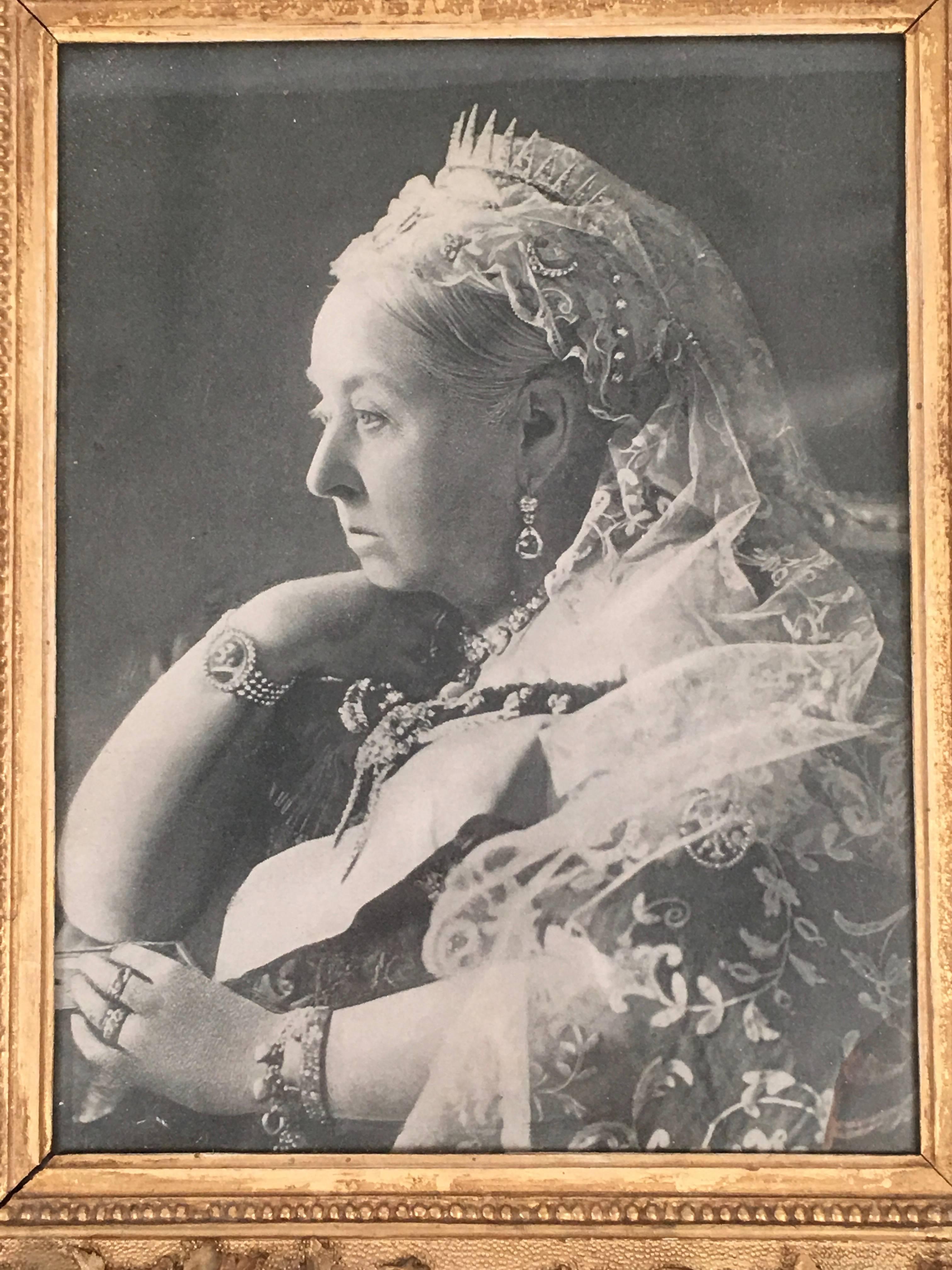 A diamond jubilee photogravure portrait of Queen Victoria (1819-1901), made on the occasion of her 60th anniversary on the throne in 1897. She is depicted with her chin resting on her hand, a pose which highlights her bracelet which features a