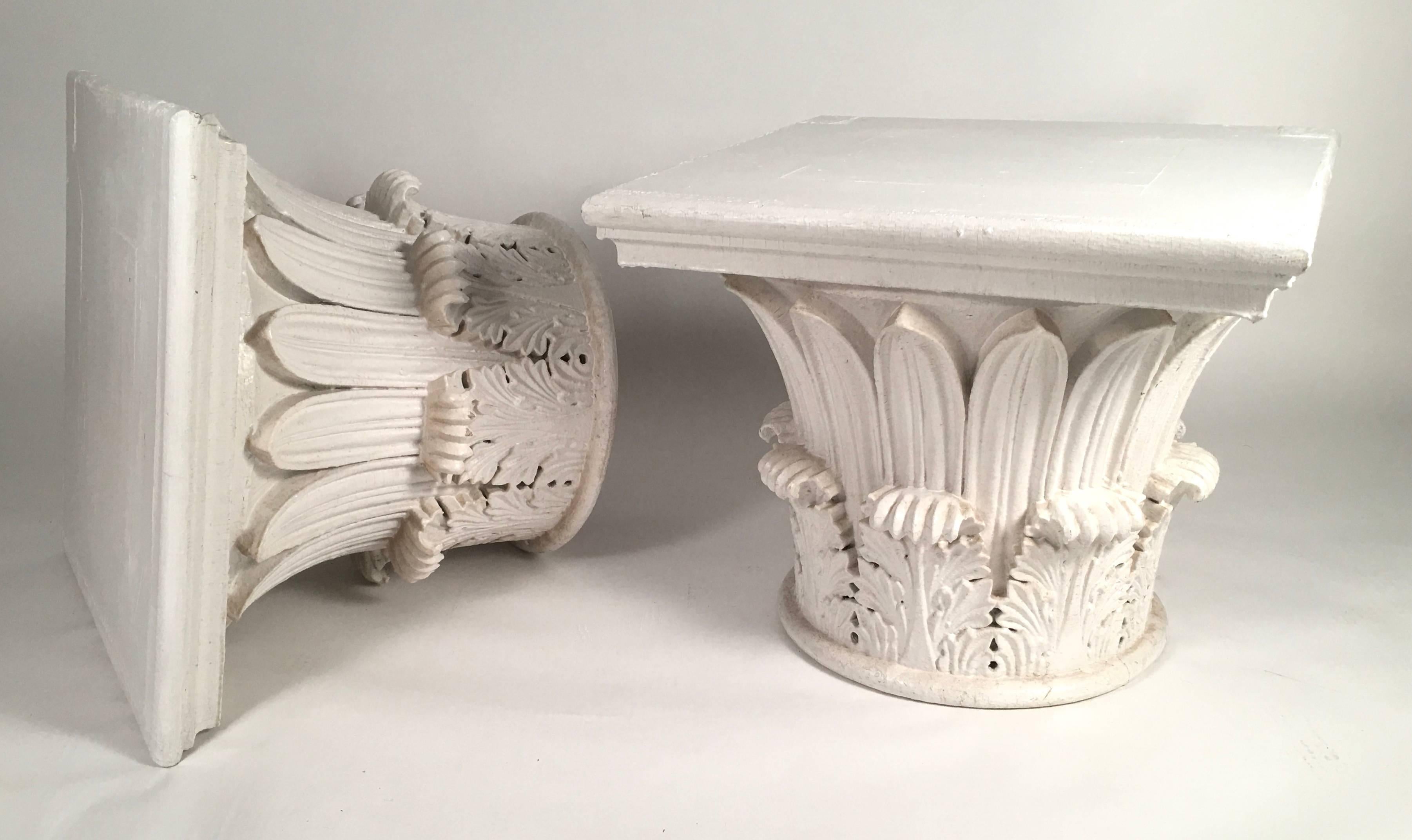 North American Pair of Carved and Painted Wood Neoclassical Column Capital Tables